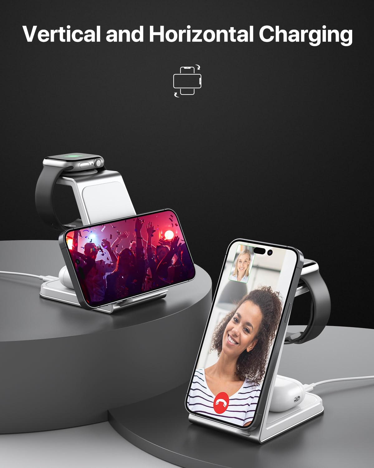 3 in 1 Wireless Charging Station for iPhone 16/15/14/13/12/11, Apple Watch & AirPods - 15W Fast Wireless Charger Stand with Aluminum Alloy Base | Perfect for Home, Office & Nightstand Charging