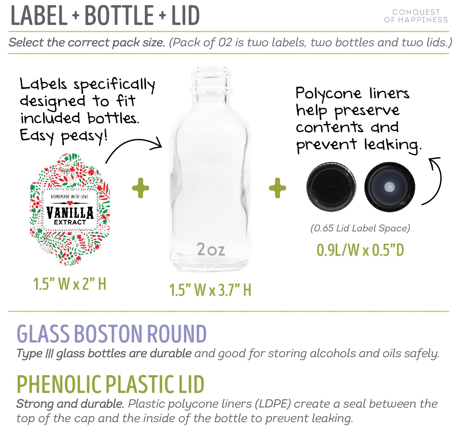 Premium Homemade Vanilla Extract Labels with 2 oz Glass Bottles - Handcrafted by Conquest of Happiness - Perfect for Christmas Gifts, Holiday Baking & DIY Spice Jars (Pack of 12)