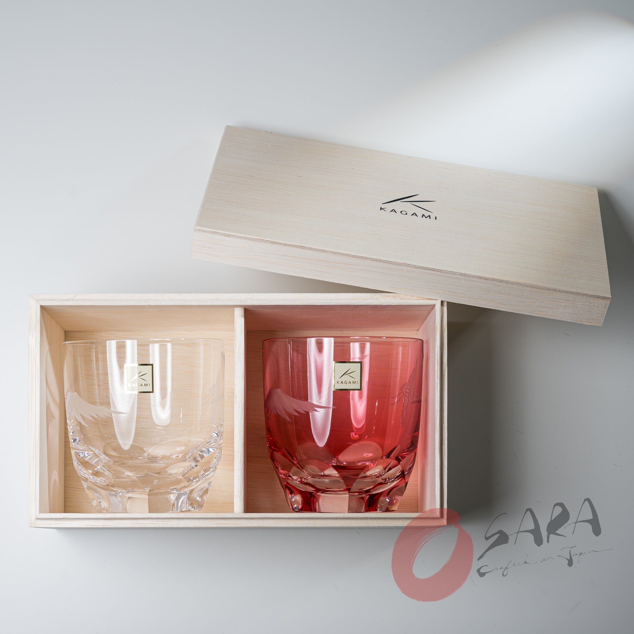 KAGAMI Crystal Luxury Engraved Glass Set - Crane & Mt. Fuji Design for Home Barware & Gift Giving | Japanese Art Decor for Whiskey, Cocktail, and Wine Glasses