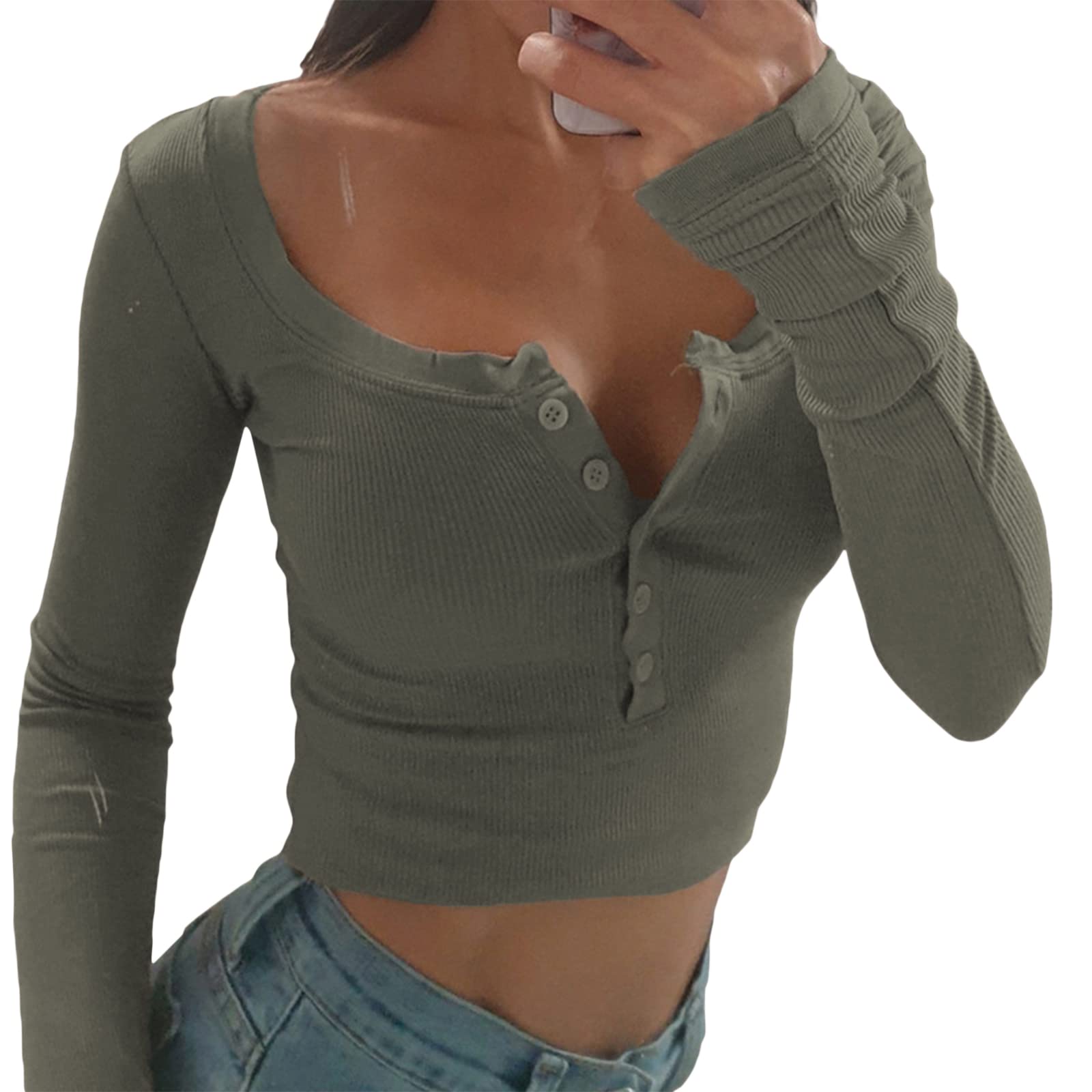 Women's Slim Fit Y2K Crop Top - Long Sleeve Ribbed Button Up Shirt with Square Neck | Casual Streetwear for Going Out, Clubbing, and Fashion Outfits
