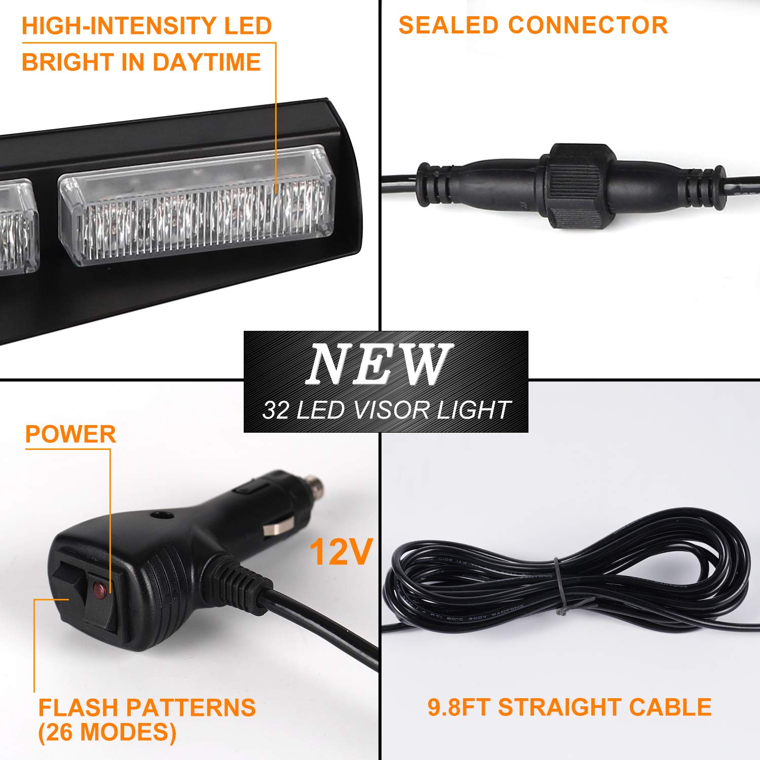 ASPL 32 LED Emergency Strobe Light Bar - 26 Flash Patterns, Windshield Visor Mount with Extendable Bracket for Trucks, Police Cars & Emergency Vehicles - White Warning Beacon for Roadside Safety & Hazard Alerts