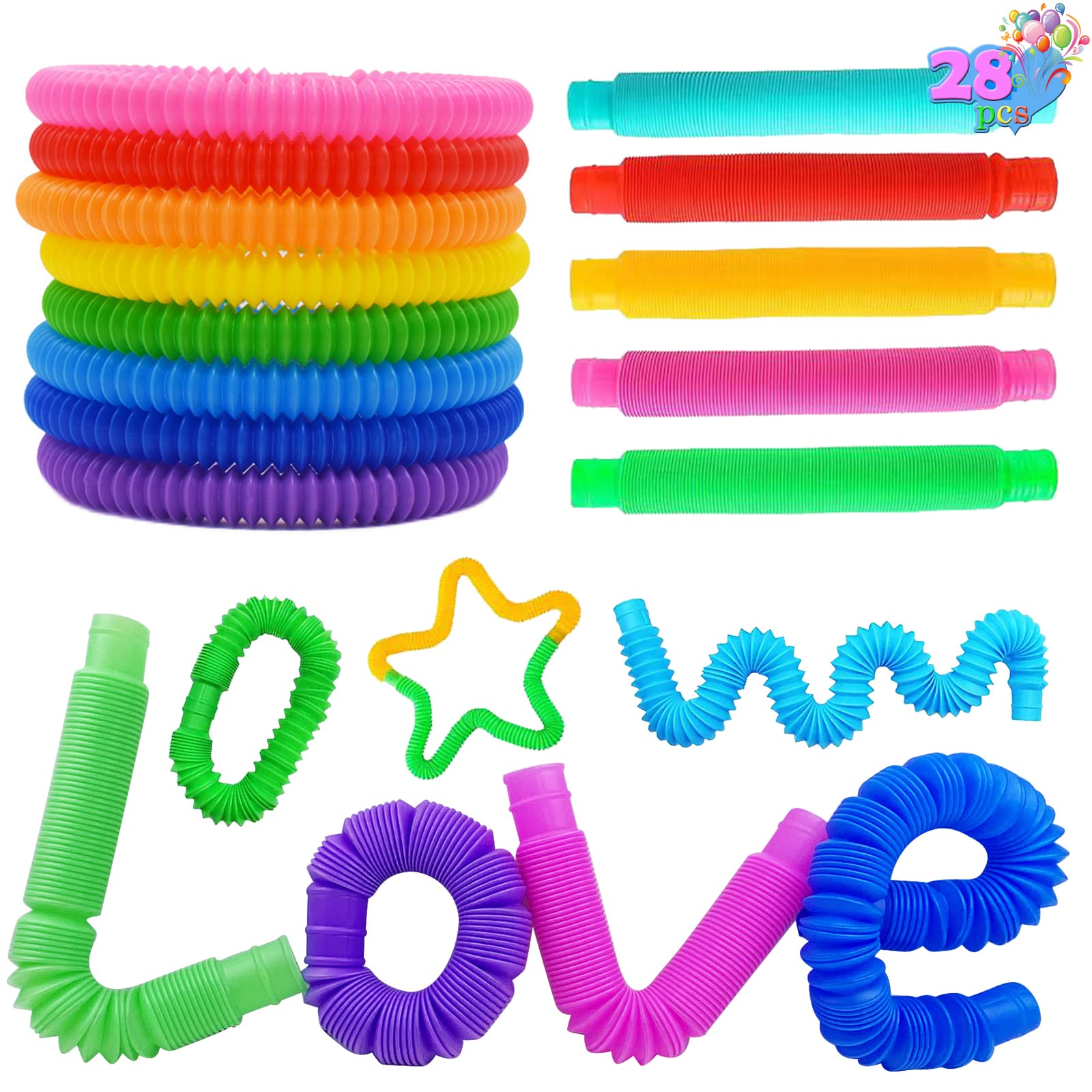 28 Pcs Pop Tubes Fidget Toys Pack - Sensory Toys for Autism, Stress Relief & Classroom Prizes | Party Favors, Pinata Stuffers & Treasure Box Toys for Kids | Great for ADHD, Anxiety & Focus Improvement
