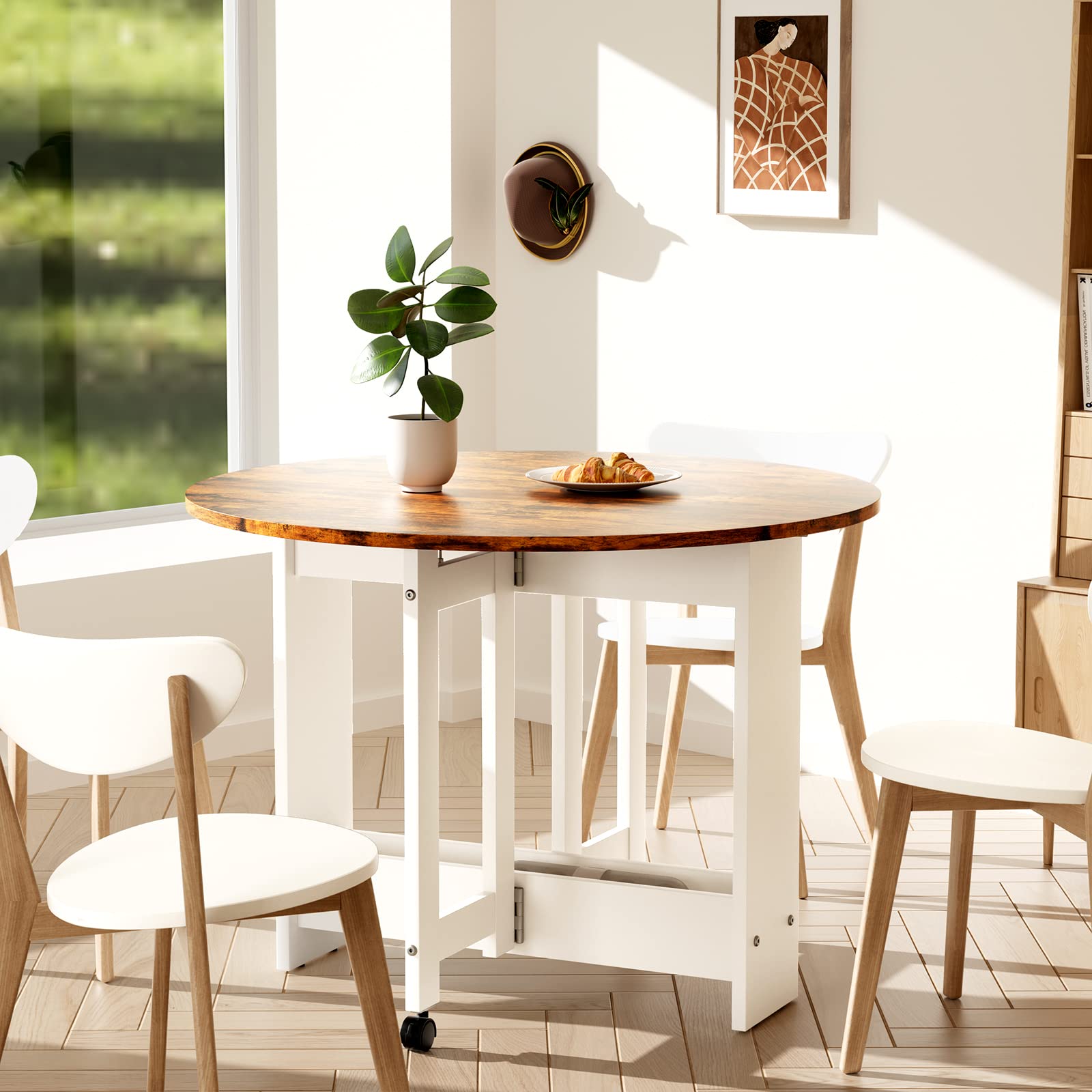 Upgraded Folding Dining Table - Convertible Drop Leaf Kitchen Table with 2-Tier Storage Racks, Space Saving Farmhouse Style in Rustic Brown - Perfect for Small Apartments, Studio Living & Compact Dining Areas