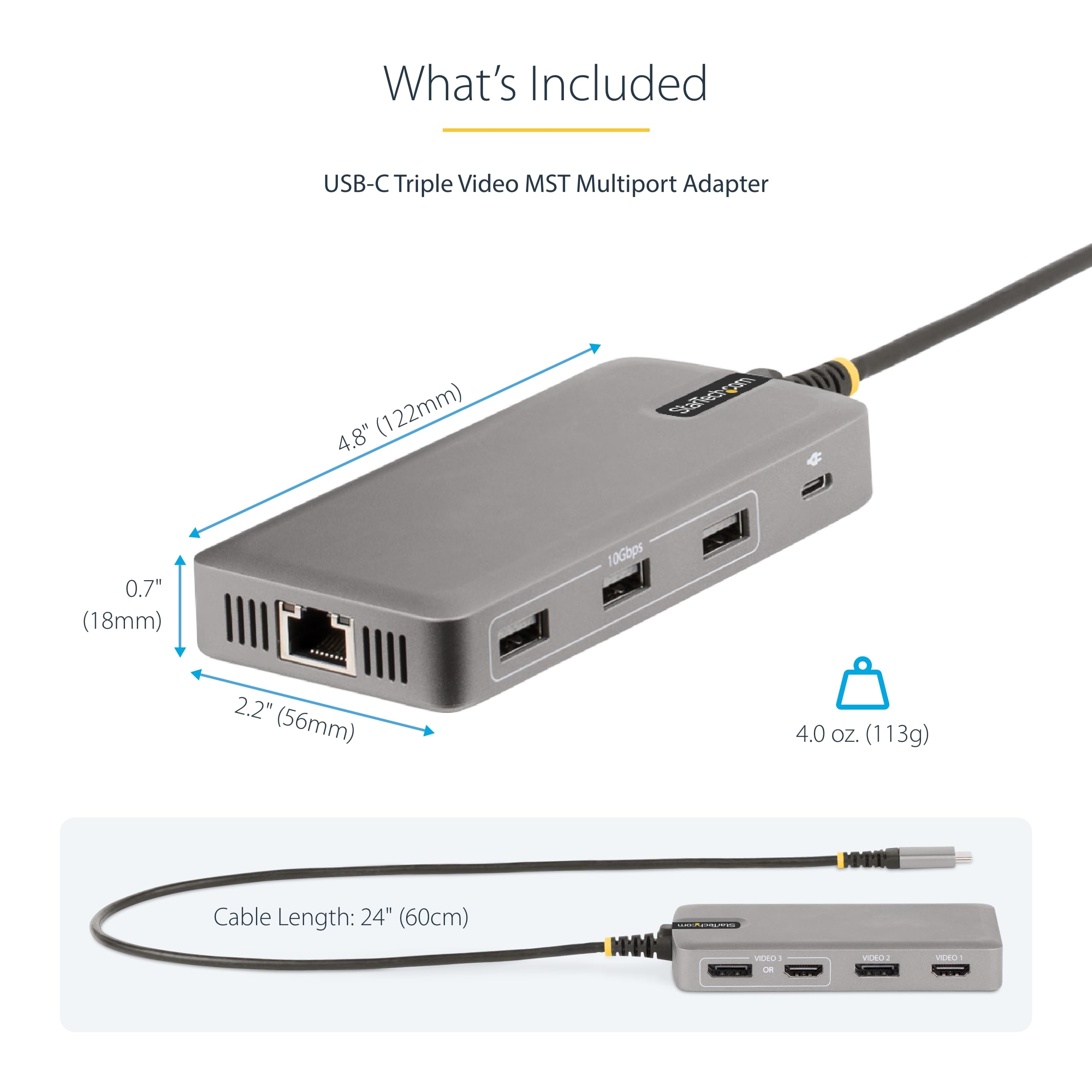 StarTech.com USB-C Triple Monitor Docking Station - 4K HDMI & DisplayPort Adapter with 3-Port USB 3.1 Hub, 100W Power Delivery, Gigabit Ethernet - Portable Travel Dock for Laptops (Windows/ChromeOS) - Perfect for Home Office, Remote Work & Business Travel