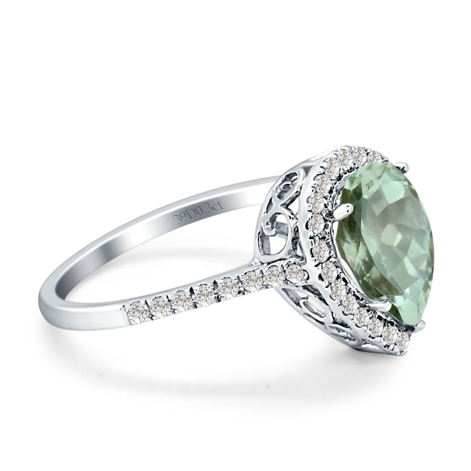 10K White Gold Pear Teardrop Natural Green Amethyst Halo Diamond Ring for Women - Elegant Engagement, Wedding, Anniversary Jewelry Gift