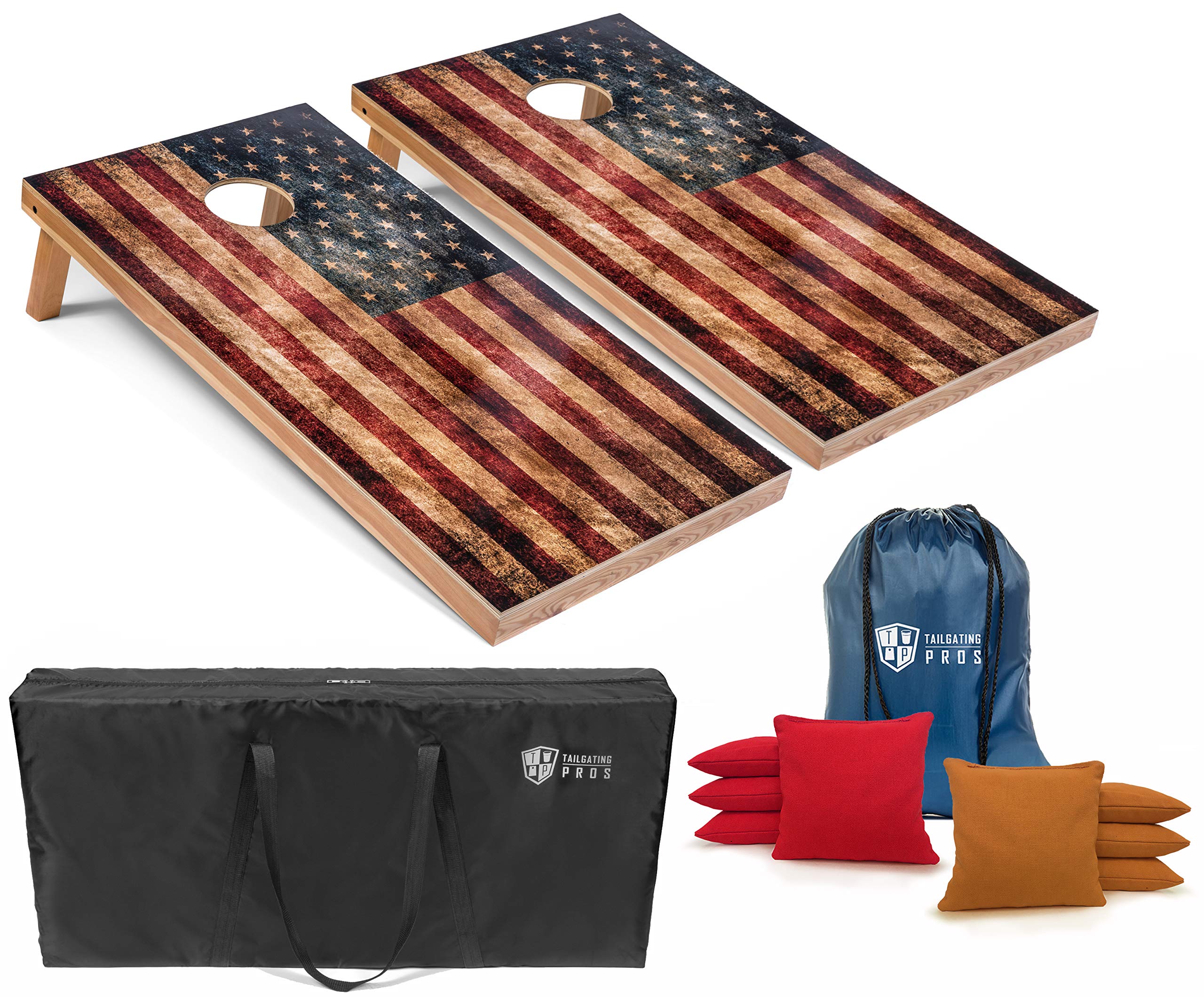 Rustic American Flag Cornhole Boards Set with LED Ring & Carrying Case – 4'x2' Distressed Wooden Cornhole Game with 8 Bean Bags – Perfect for Backyard Parties, Tailgating, and Outdoor Family Gatherings