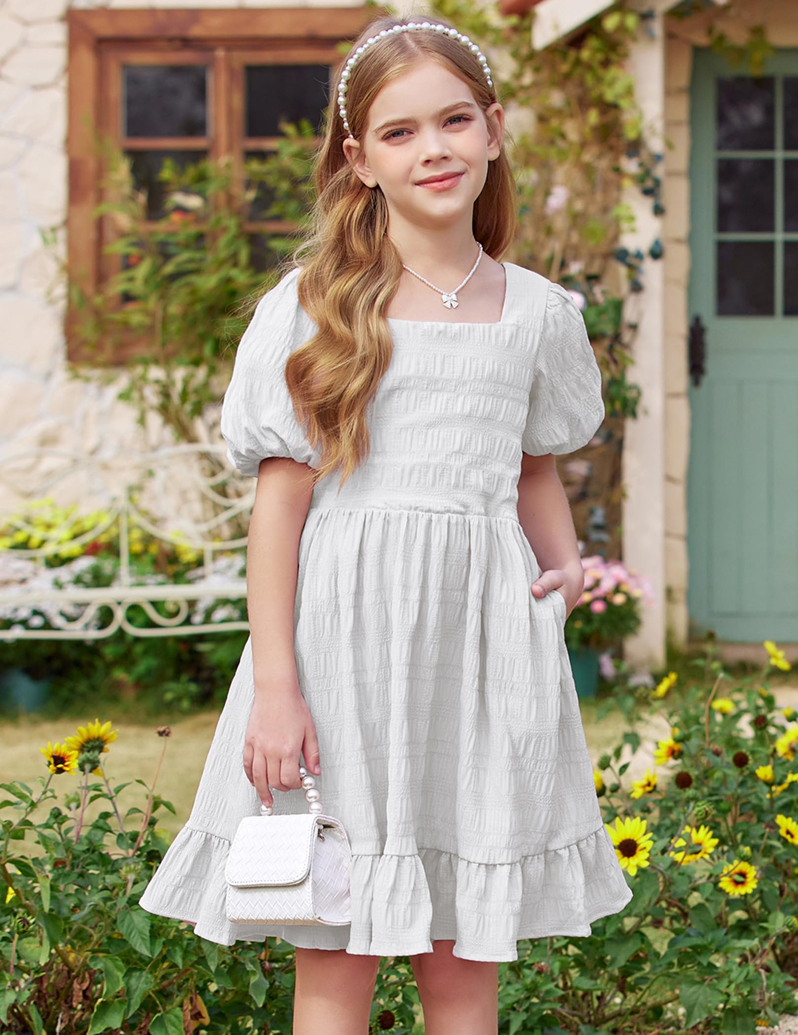 Arshiner Girls Backless Summer Dress - Short Sleeve Square Neck Ruffle Hem Elegant Party Dress for Kids | Perfect for Birthday, Wedding & Special Occasions