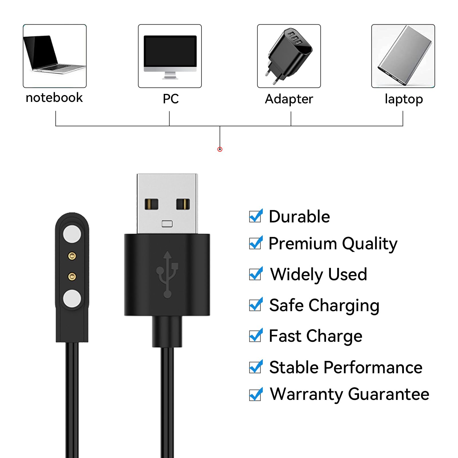 Magnetic USB Charging Cable for Mindrose H80/H56 & Parsonver SR1 Smart Watch - Portable Replacement Charger Cord (Black & White) - Perfect for Travel, Office, and Home Use