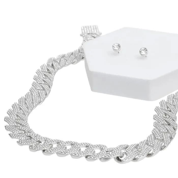 18K Gold Plated Silver Iced Cuban Chain Necklace Set for Women - Elegant Layered Jewelry for Party, Wedding & Everyday Wear