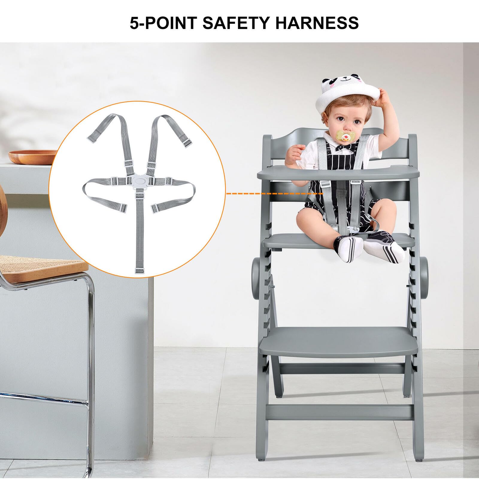 LIVINGbasics Adjustable Wooden High Chair with Removable Tray - Safe Baby Dining Chair for Toddlers & Kids - Perfect for Study, Mealtime & Step Stool Use at Home