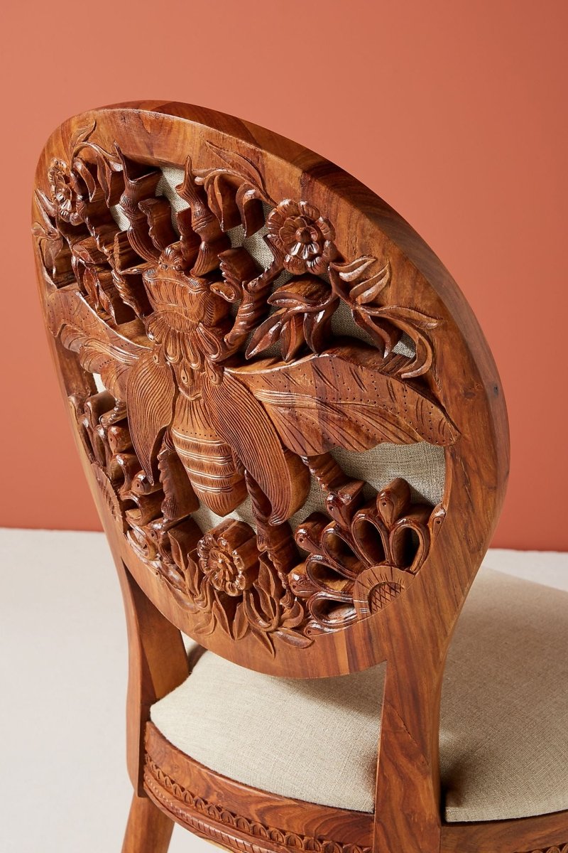 Hand Carved Bee Design Wooden Dining Chair - Natural Indian Wood - Perfect for Home, Restaurant, and Outdoor Dining