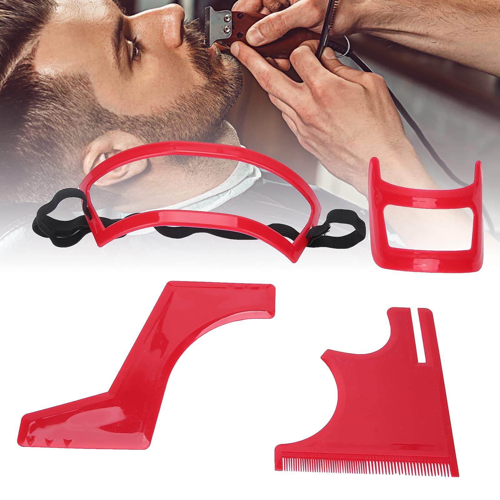 Professional Beard Shaping Tool Kit - 4pcs Beard Styling & Grooming Templates for Precise Hairline Cutting & Shaving | Perfect for Barbershop & Home Grooming | Durable Red Plastic Beard Template Set