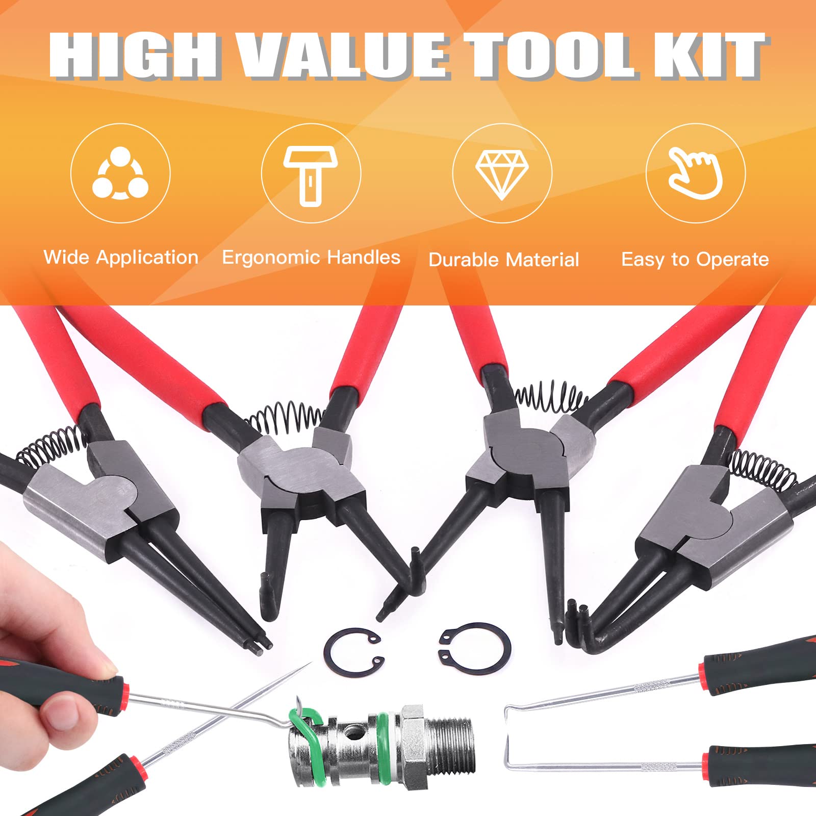 8Pcs Heavy Duty Snap Ring Pliers Set - 13 Inch Internal & External Circlip Pliers with Straight/Bent Jaws for Automotive, Machinery & DIY Repairs - Professional Retaining Ring Removal Tool Kit for Mechanics and Home Use