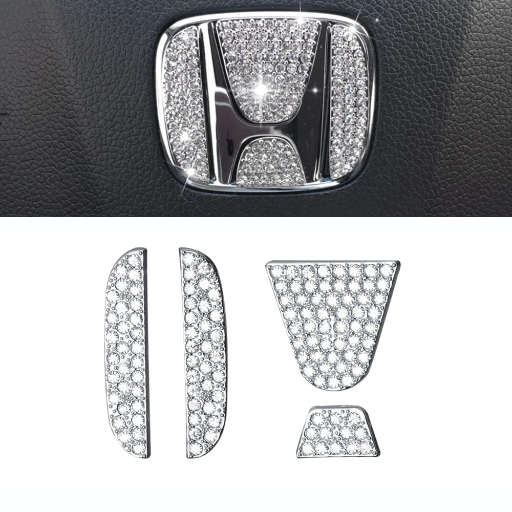 CARFIB Rhinestone Steering Wheel Emblem Decals for Honda Civic Accord CR-V Pilot FIT Odyssey HR-V (2018-2021) - Silver Bling Accessories 4 Pack - Women's Car Decor & Luxury Interior Upgrade