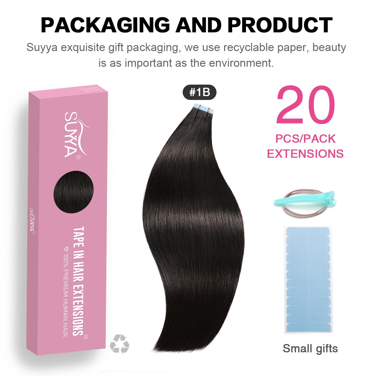 SUYYA 26 Inch Off Black Human Hair Tape in Extensions - 60g/pack 20pcs Straight Seamless Skin Weft Real Human Hair (#1B) for Daily Wear, Parties & Special Occasions