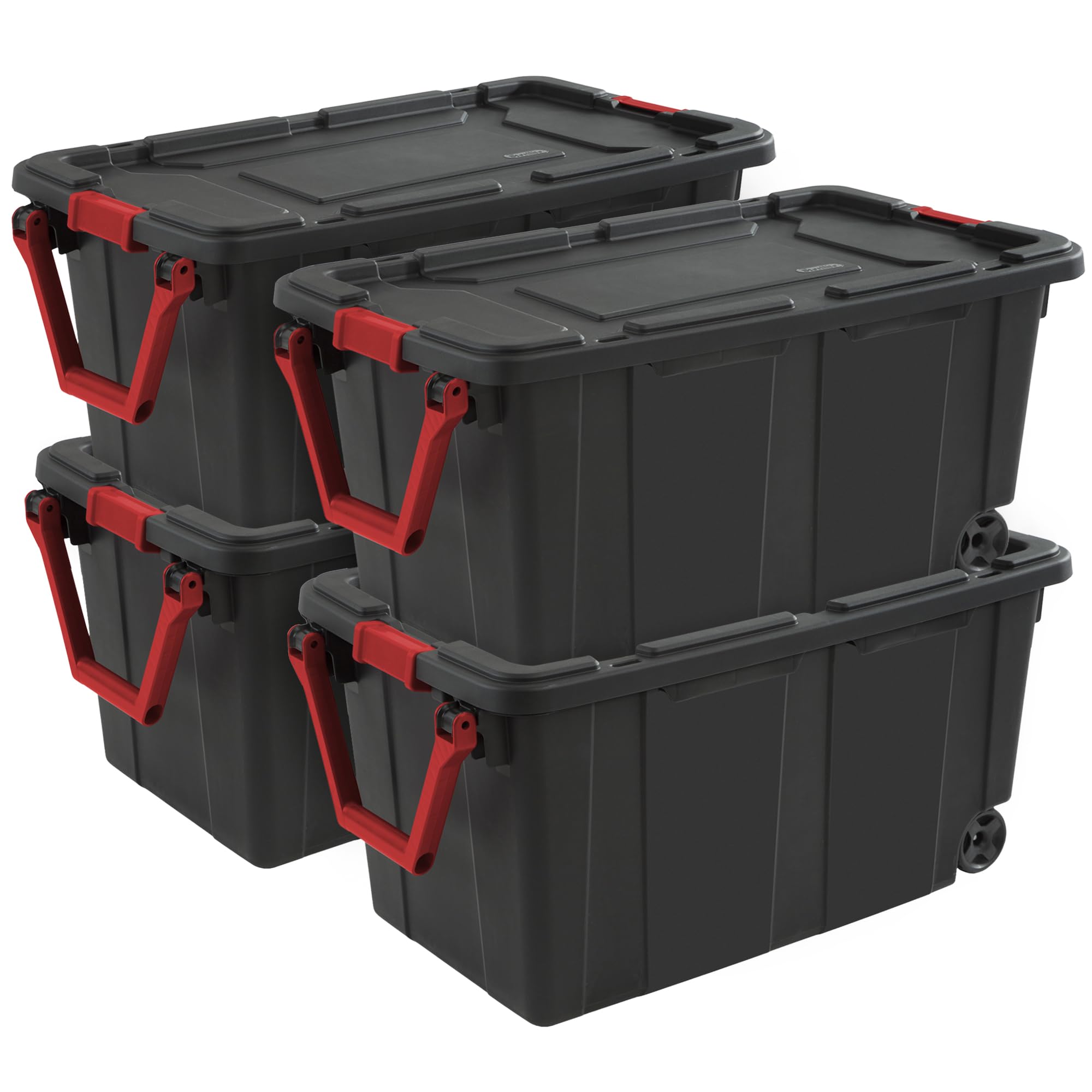 Sterilite 4-Pack Heavy Duty Storage Bins with Lids & Wheels - 40 Gallon Large Plastic Totes for Home Organization, Garage, Basement & Moving Supplies - Black