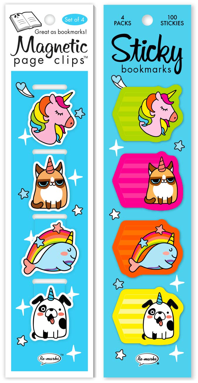 Re-marks Unicorn Planner Pack - Set of 4 Magnetic Bookmarks & 100 Sticky Notes (25 Each) for Students, Book Lovers & Office Use - Perfect for Reading, Studying & Organizing
