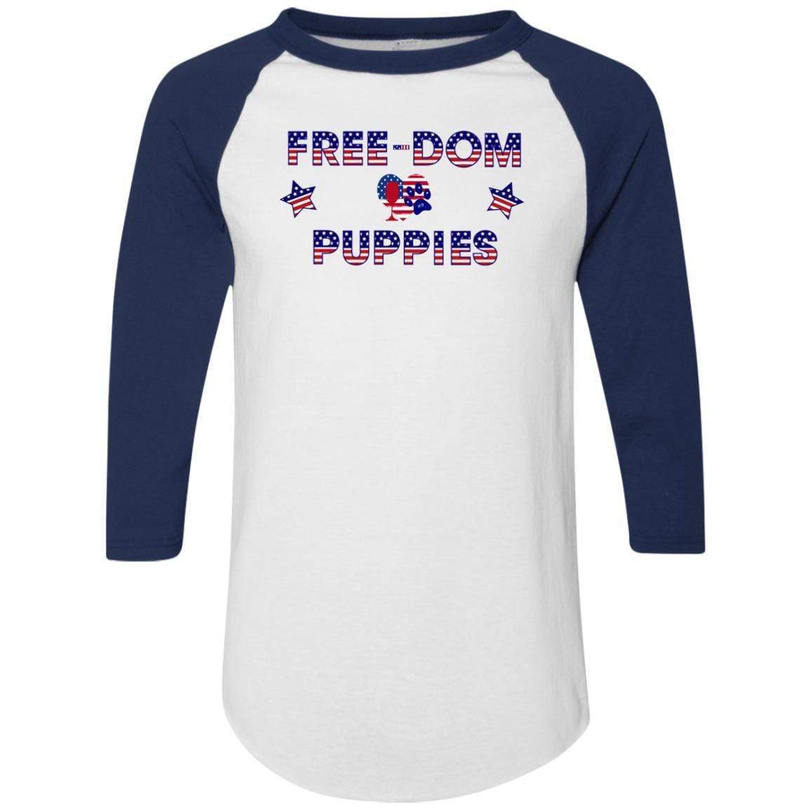 WineyBitches.Co Free Dom Puppies Colorblock Raglan Jersey - Trendy Women's Baseball Tee for Casual Wear, Street Style & Dog Lover Outfits
