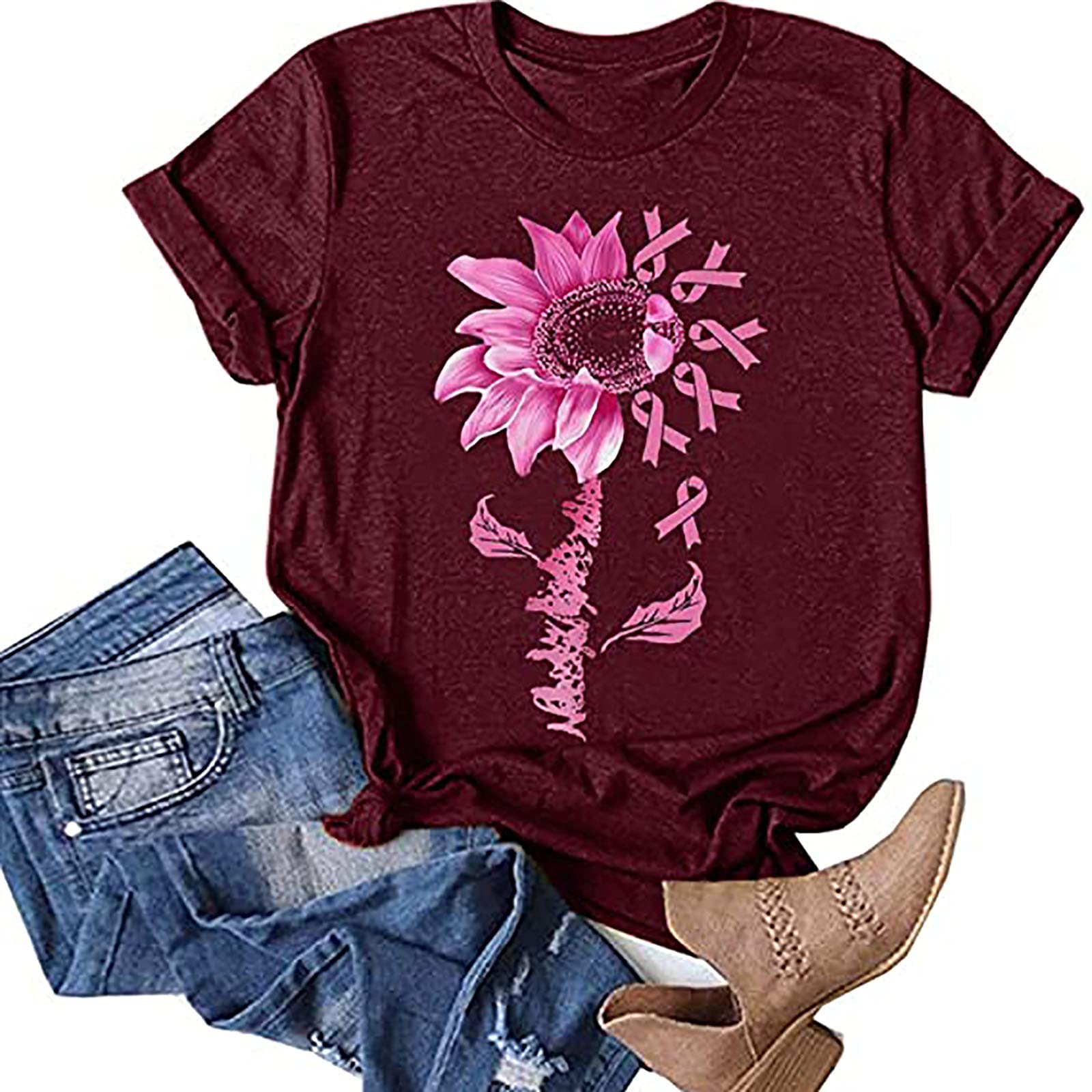 Women's Breast Cancer Awareness T-Shirt - Trendy Fall O-Neck Tee with Sleeves | Comfortable & Stylish Top for Survivors, Supporters & Awareness Events