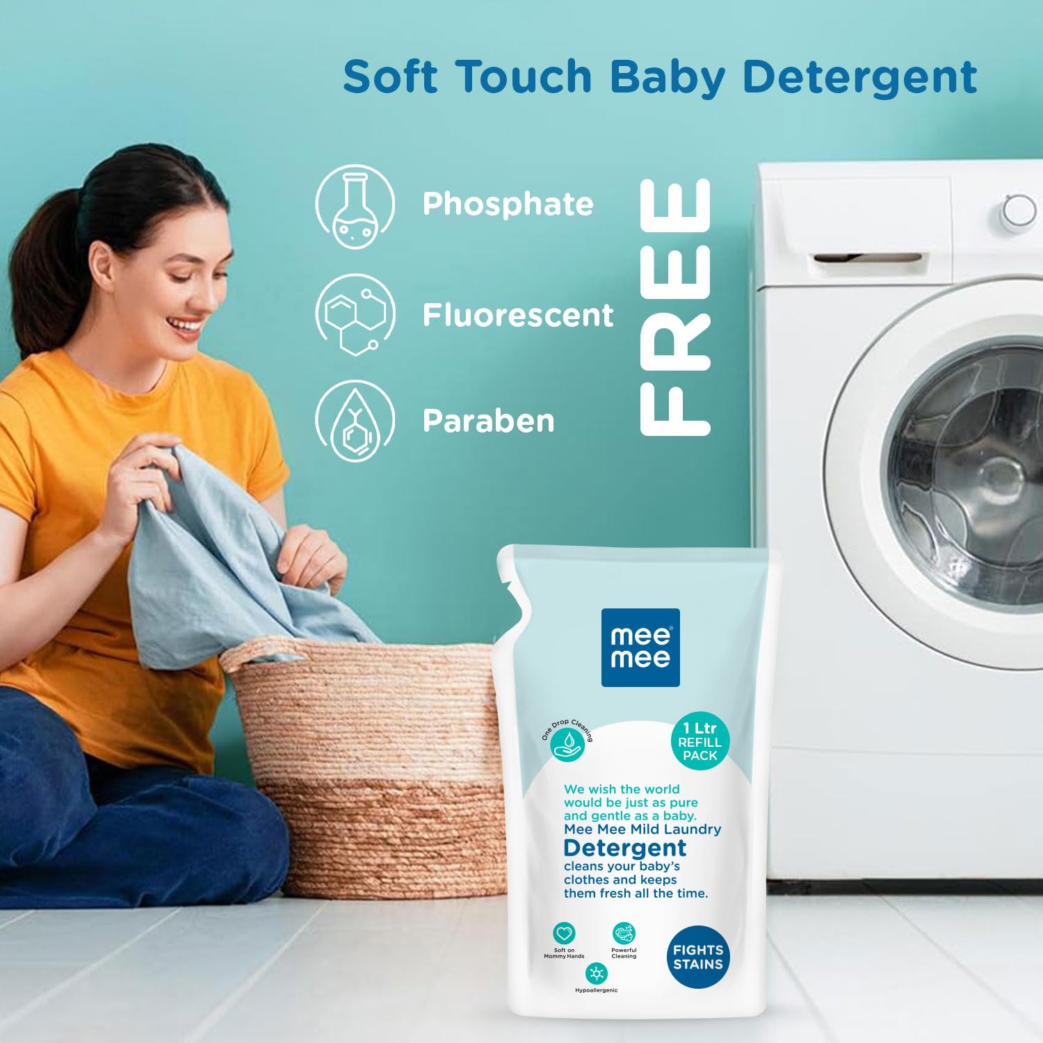 Mee Mee Baby Liquid Laundry Detergent 1L - Hypoallergenic, Ph Balanced & Chemical-Free | Gentle on Baby Skin & Mom's Hands | Antibacterial Stain & Odor Remover | Perfect for Newborn Clothes, Blankets & Sensitive Skin Care