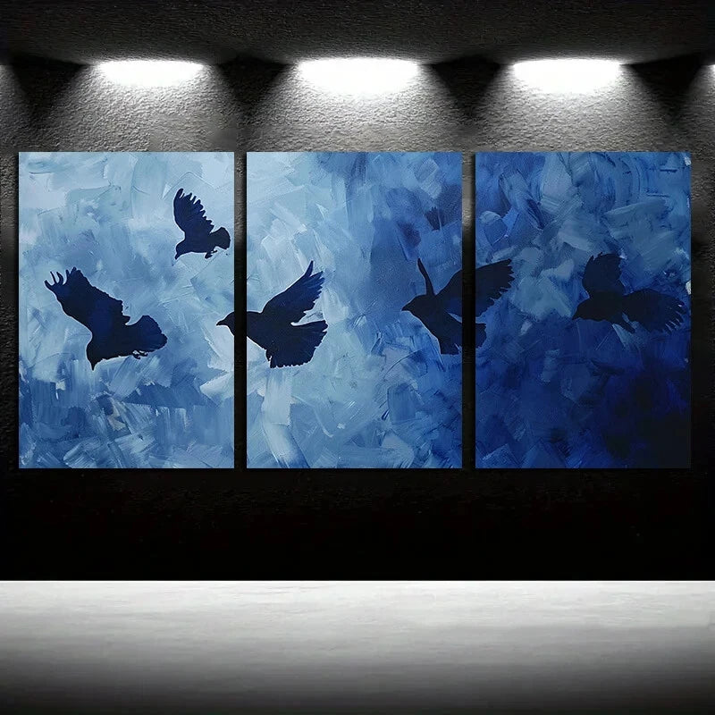 3-Piece Abstract Blue Modern Black Bird Metal Wall Art - Ready to Hang Home Decor for Living Room, Bedroom & Office