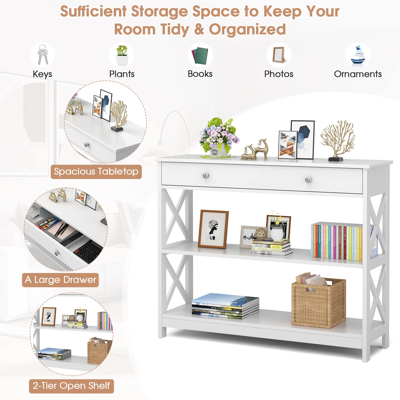 KOTEK 3-Tier Narrow Console Table with Drawer & Storage Shelves - White Entryway Sofa Table for Living Room & Hallway | Easy Assembly | Perfect for Small Spaces, Home Decor & Organizing Keys, Mail & Decor Items