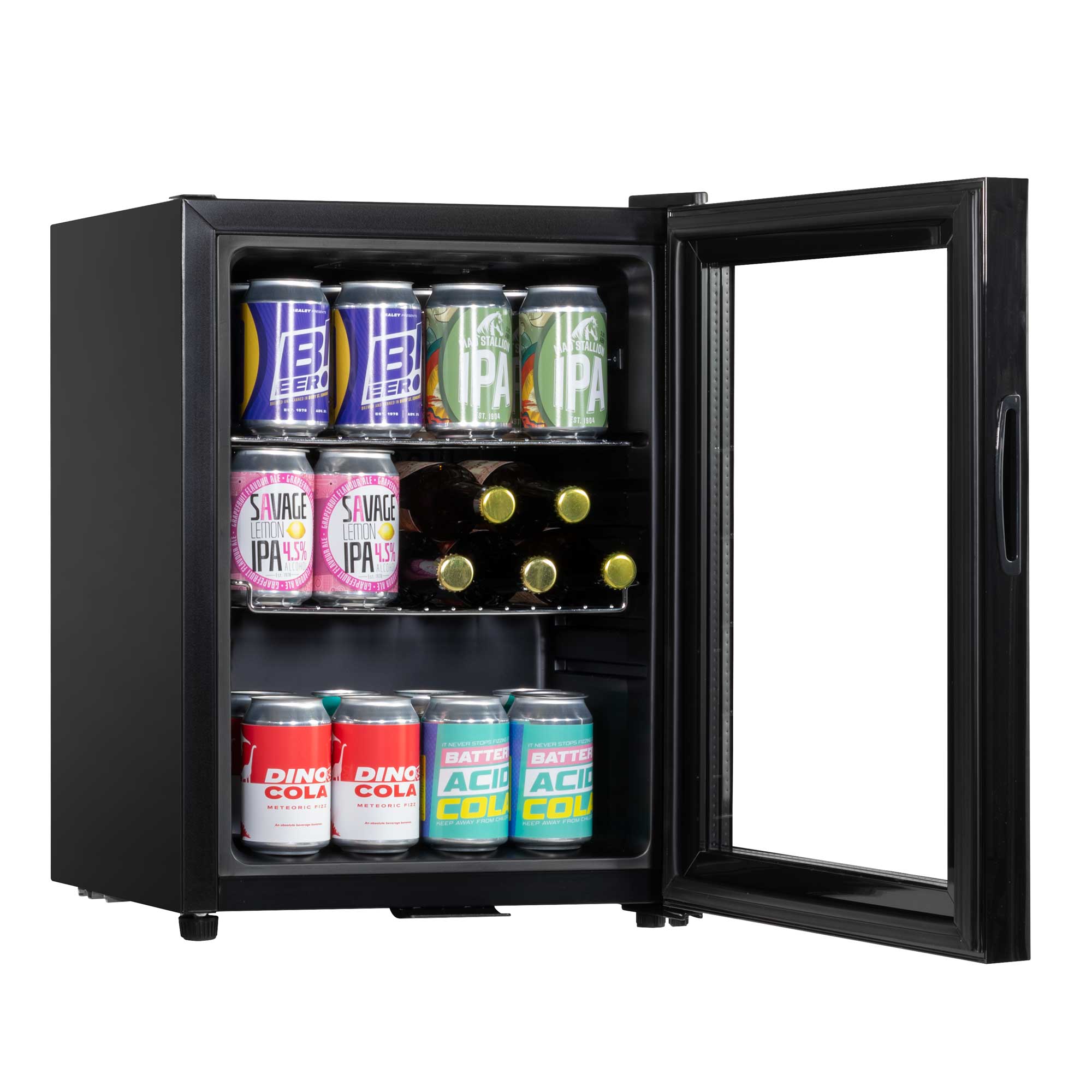 Baridi 40L Mini Fridge with LED Light - Compact Beverage Cooler for Beer, Wine & Soda - Black Glass Door Refrigerator for Home, Office & Dorm - Energy Efficient Cooling (Model DH98)