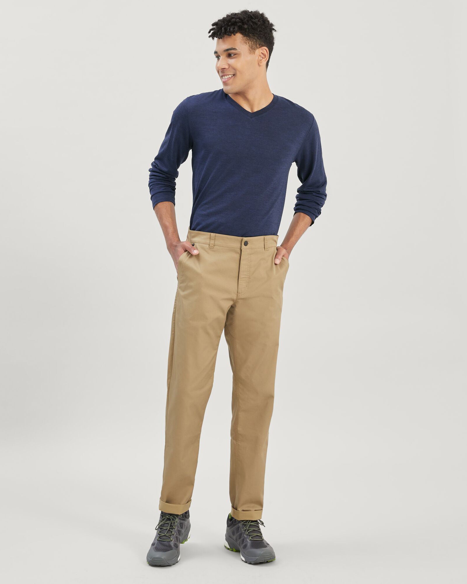 100% Merino Wool Men's Long Sleeve V-Neck Shirt - Midnight Navy Marle - Perfect for Hiking, Travel & Winter Layering