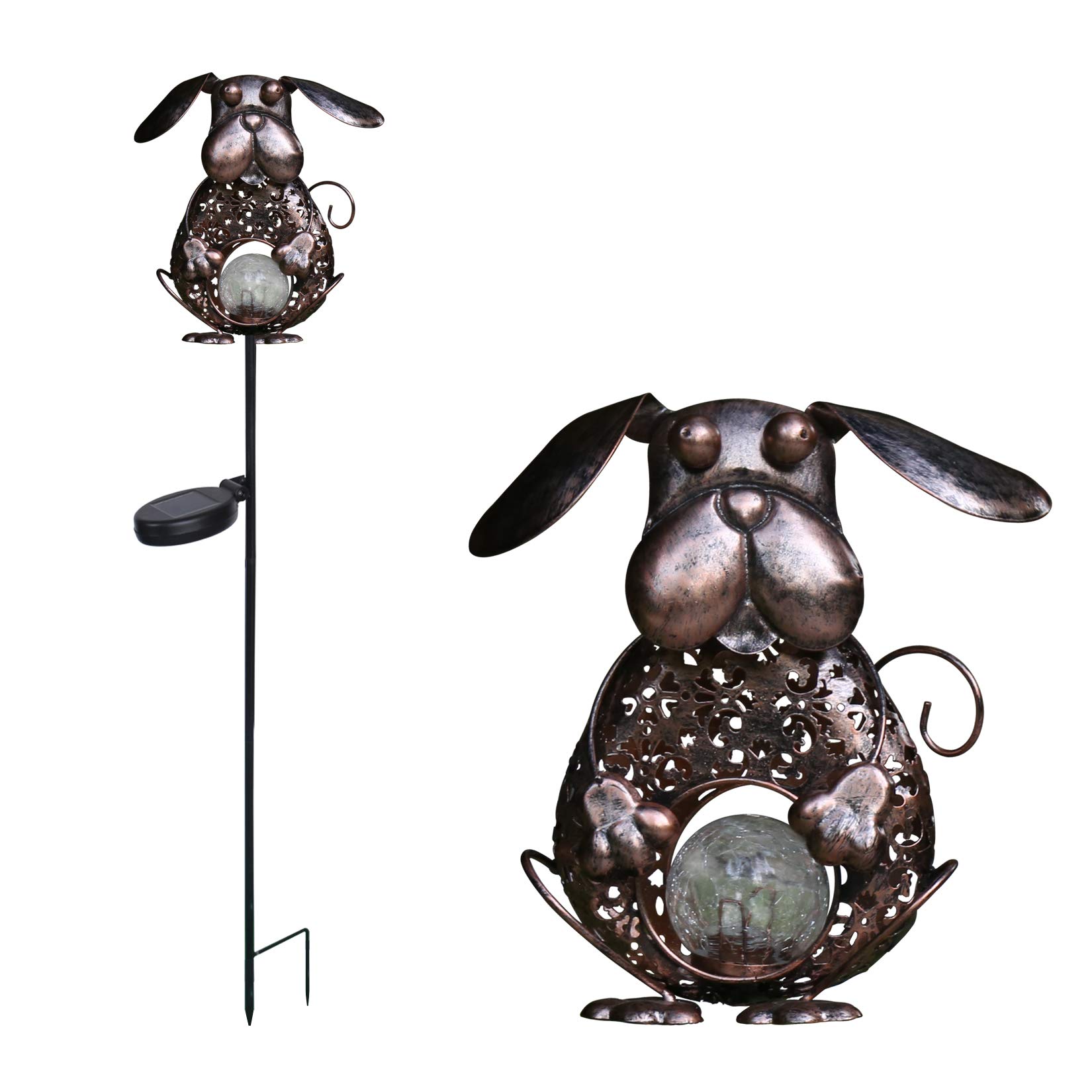 KAIXOXIN Solar Garden Lights - Waterproof Metal Dog Crackle Glass Globe Stake Light, Warm White LED Solar Path Lights for Outdoor Decoration (Dog-Bronze) | Perfect for Walkways, Patios, Lawns & Backyard Landscaping
