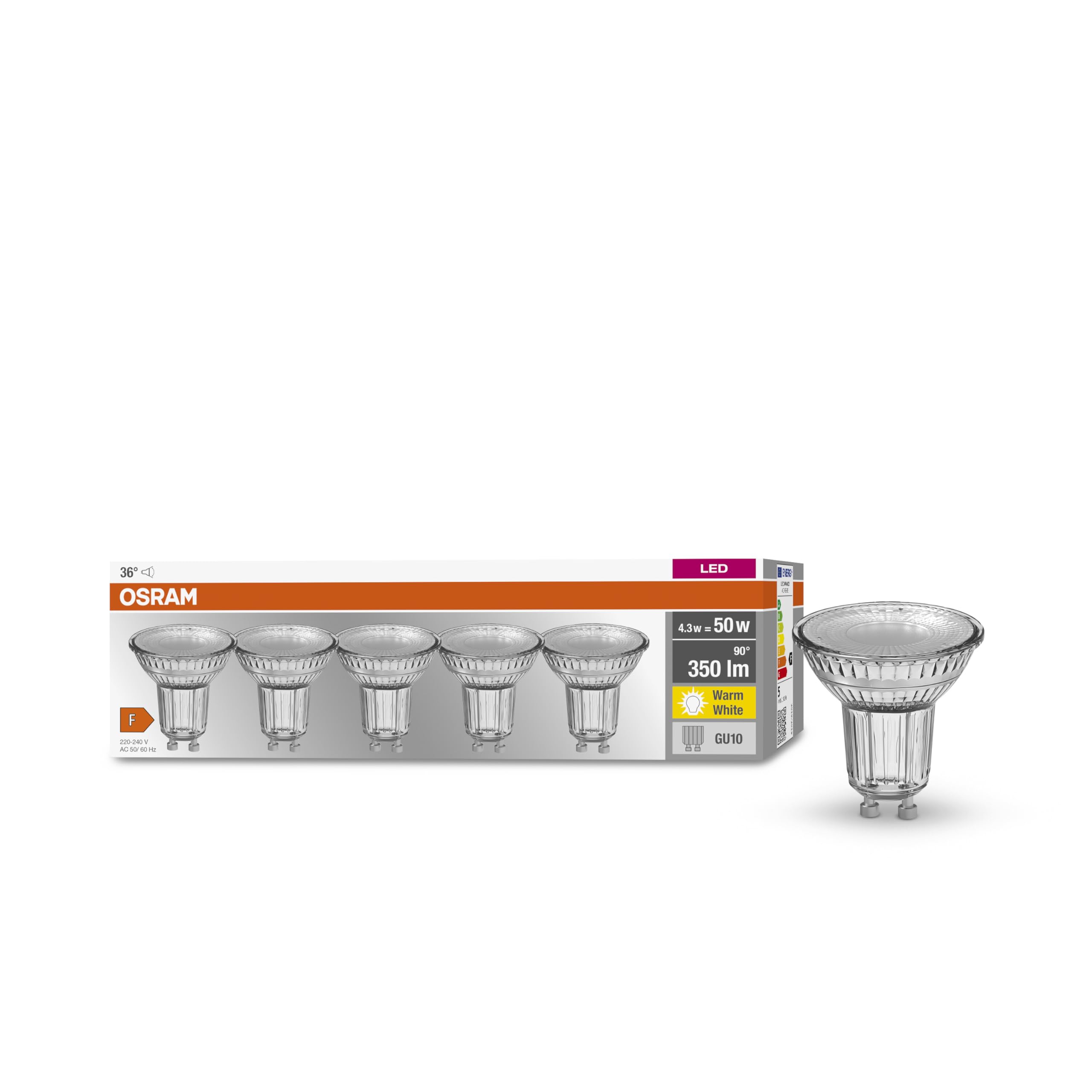 OSRAM GU10 LED Reflector Bulb - 5W Warm White 2700K, Dimmable & Energy Efficient - Perfect for Home Lighting, Kitchen Spotlights & Retail Display