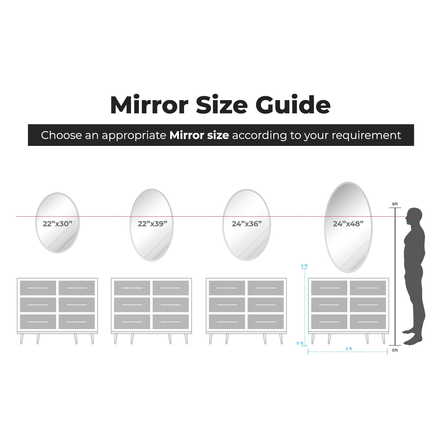 22x39 Inch Oval Frameless Wall Mirror with 1 Inch Beveled Edge - Bathroom Vanity Bedroom Living Room Decor - Shatter-Resistant Glass for Home & Commercial Use