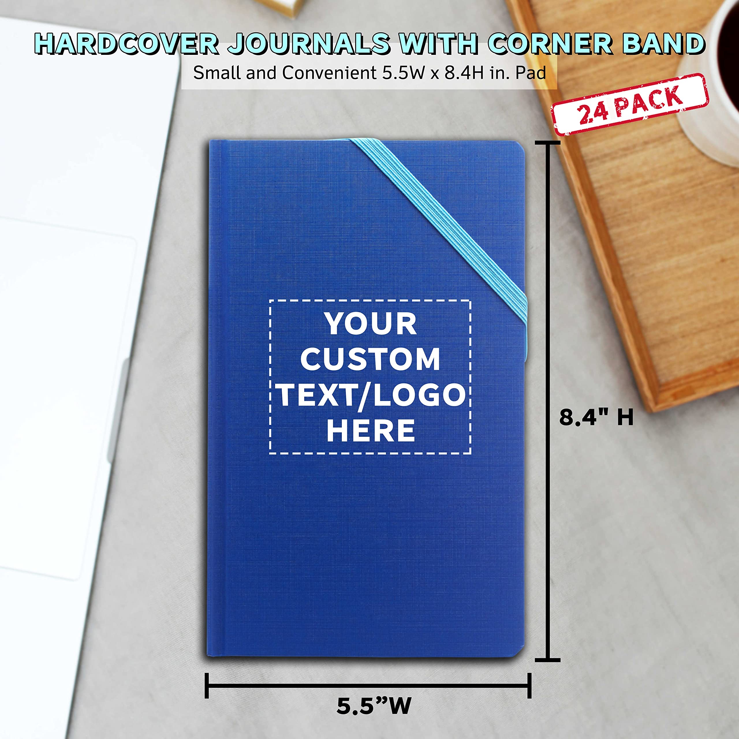 24-Pack Hardcover Journals with Customizable Text & Logo - Elegant Medium Size Notebooks with Corner Band - Perfect for Office, School & Travel (Blue)