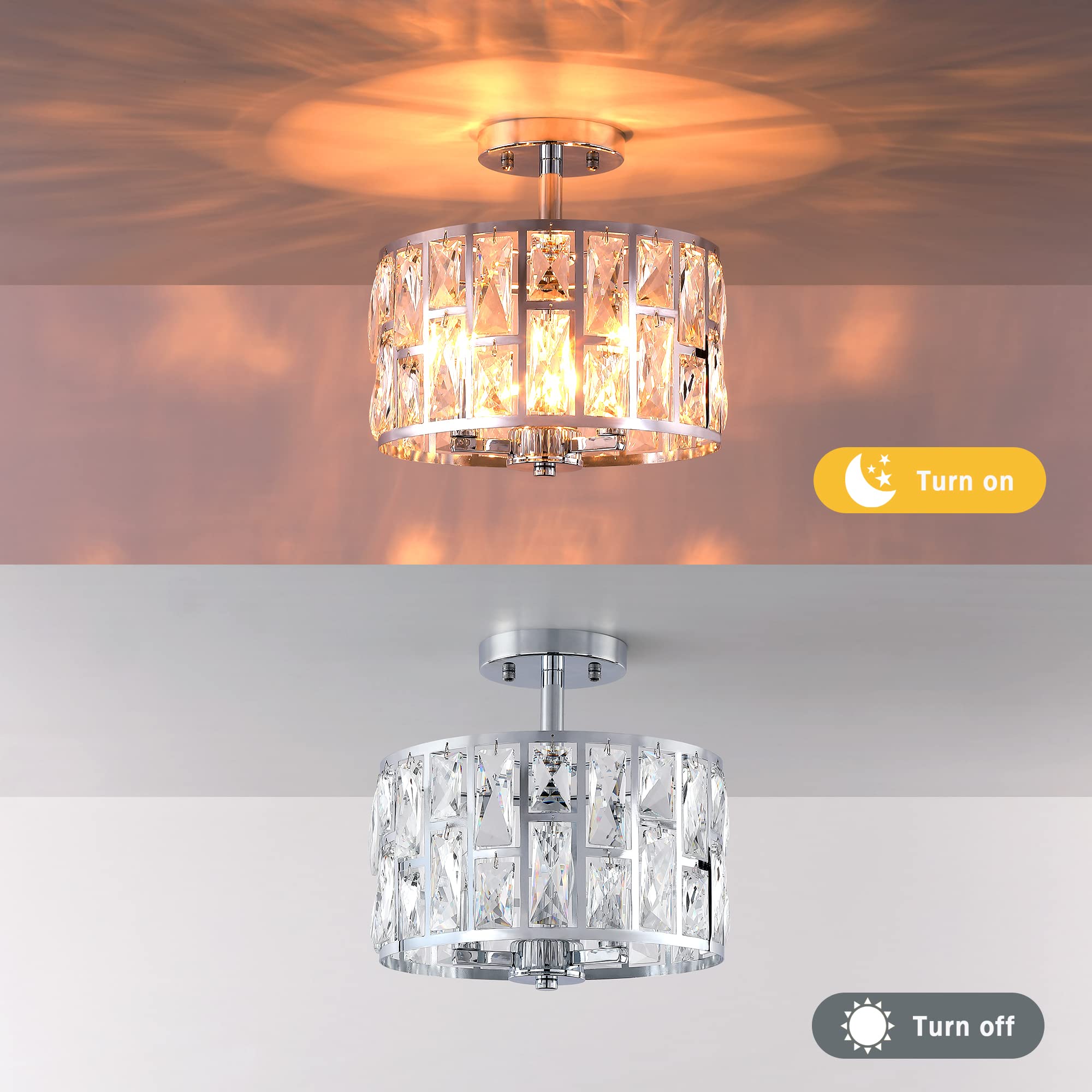 Modern Farmhouse Crystal Round Semi-Flush Mount Ceiling Light Fixture - 3LT Drum Shade Lighting for Kitchen Island, Dining Room & Bedroom | Elegant Ambient Lighting for Home Decor