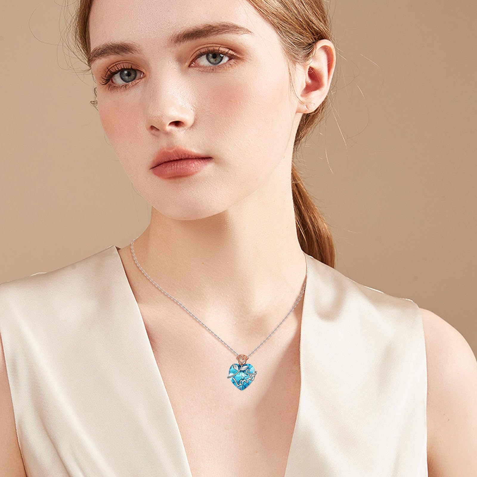 AOBOCO Sterling Silver Rose Flower Crystal Pendant Necklace for Women - Romantic Love Jewelry Gift for Anniversary, Valentine's Day & Birthday (Perfect for Date Night & Special Occasions)