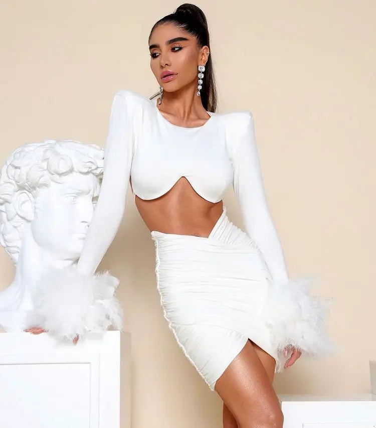 Black & White Winter Women's Long Sleeve Feather Trim Sexy Waist Cutout Bodycon Mini Dress - Rayon Stretchy Bandage Clubwear for Night Out & Party