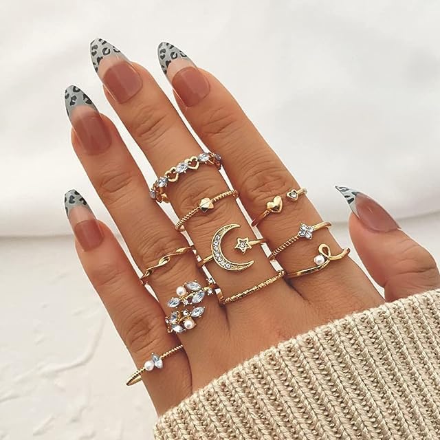 Stackable Gold Rings for Women - Trendy Star, Moon & Heart Knuckle Ring Set - Boho Jewelry Gift Pack - Birthday, Easter Basket Essentials - Perfect for Layering & Everyday Wear