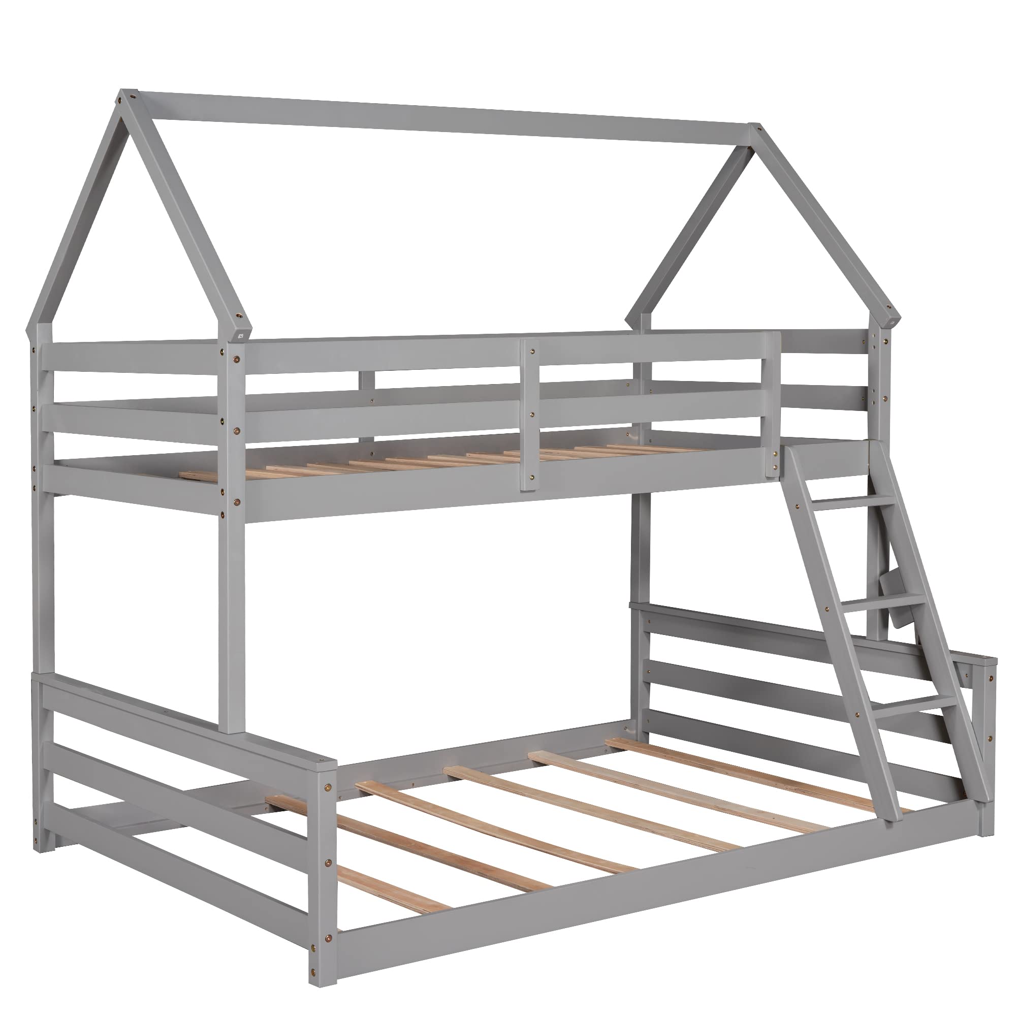 LZ LEISURE ZONE Twin Over Full Bunk Bed Frame - Convertible Wooden House Bunk Bed with Built-in Ladder, Splits into 2 Separate Beds (Grey, Twin/Full Size) - Perfect for Kids' Bedrooms, Guest Rooms & Space-Saving Solutions