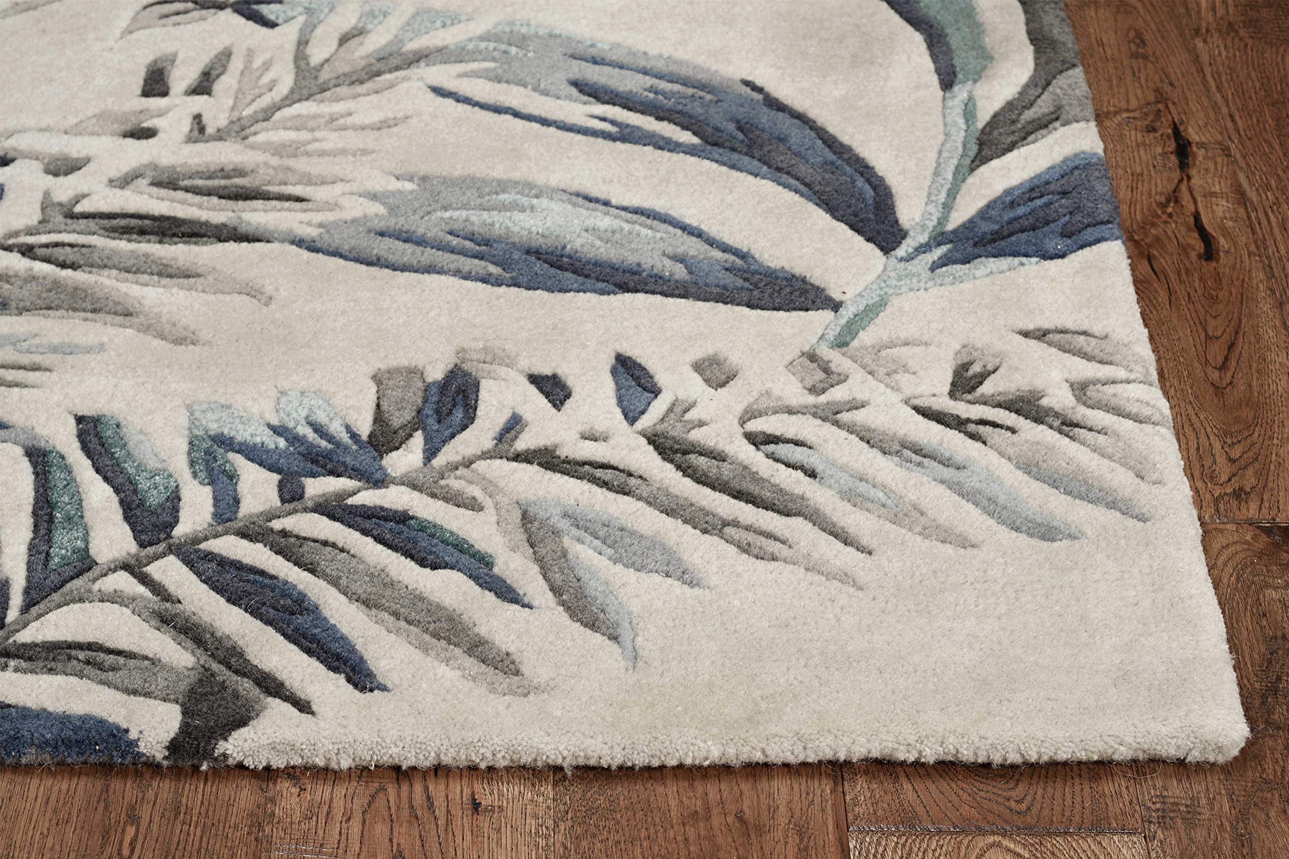 HomeRoots 8' Grey Blue Hand Tufted Tropical Leaves Indoor Runner Rug - Soft Non-Slip Area Carpet for Living Room, Bedroom & Hallway Decor