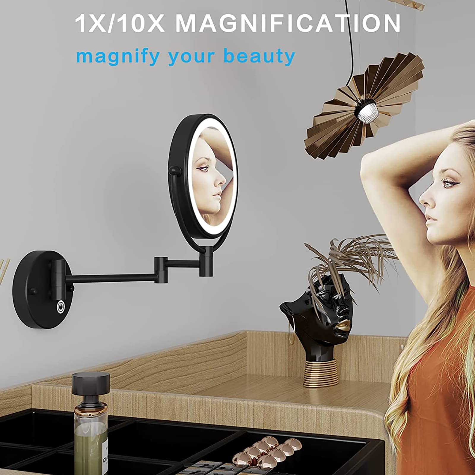 10X Magnifying LED Makeup Mirror with Lights - 360° Swivel & Extendable Arm, Wall Mounted Double Sided Vanity Mirror for Professional Makeup Application, Black (Hard Wired) - Perfect for Home Dressing Room, Salon, and Beauty Studio