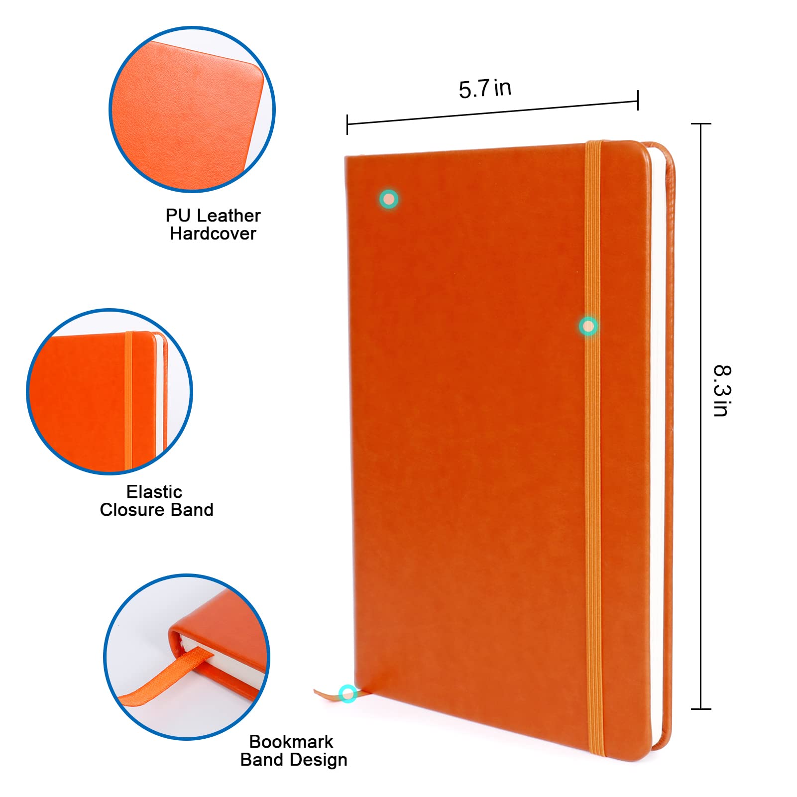 Premium Leather Lined Journal Notebook Set - 2 Pack Orange Hardcover Writing Notebooks with Elastic Band & Ribbon Bookmark, 8.3