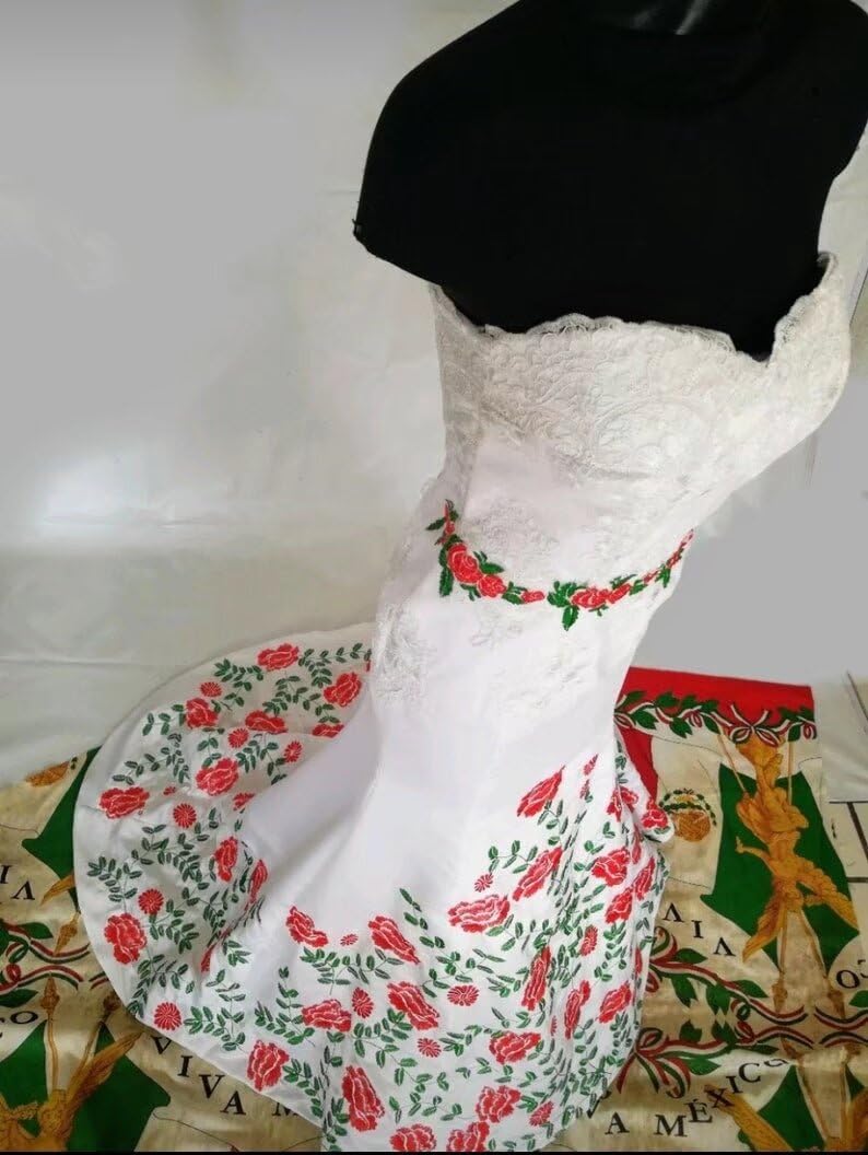 Elegant Green & Red Embroidered Mermaid Wedding Dress - Strapless Lace Satin Bridal Gown for Women 2025 | Perfect for Beach Weddings, Formal Ceremonies & Evening Receptions