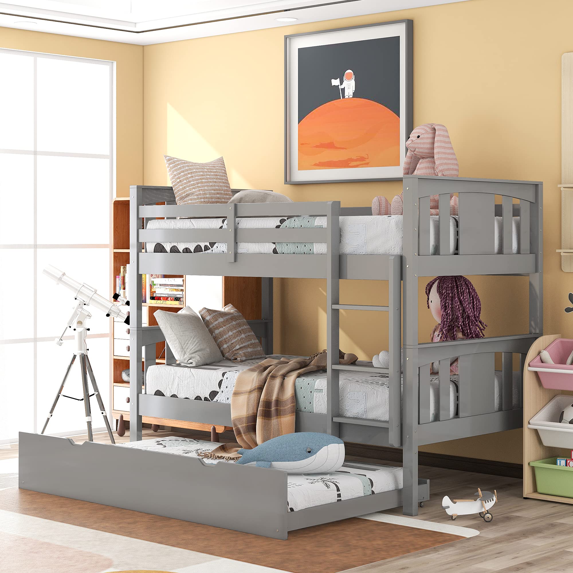 **Twin Over Twin Bunk Bed with Trundle for Kids - Solid Wood Bunk Bed Frame with Headboard, Footboard & Ladder - No Box Spring Needed - Space-Saving Bedroom & Guest Room Furniture (Gray) - Perfect for Small Rooms, Sleepovers & Shared Kids' Bedrooms**