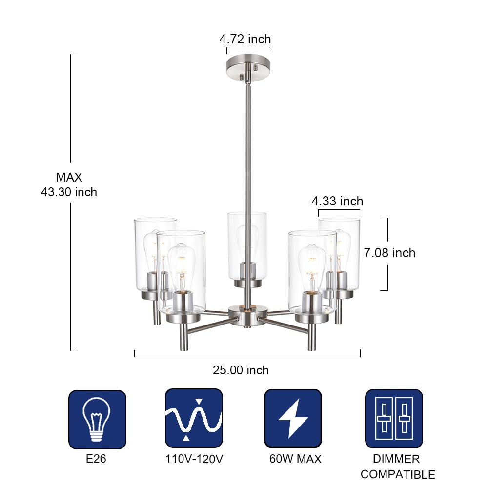 5-Lights Modern Chandelier in Brushed Nickel - Farmhouse Style Dining Room Pendant Light with Clear Glass Shades - Perfect for Kitchen, Living Room, Bedroom - Compatible with E26 Bulb Base - Elegant Ceiling Lighting for Home Decor
