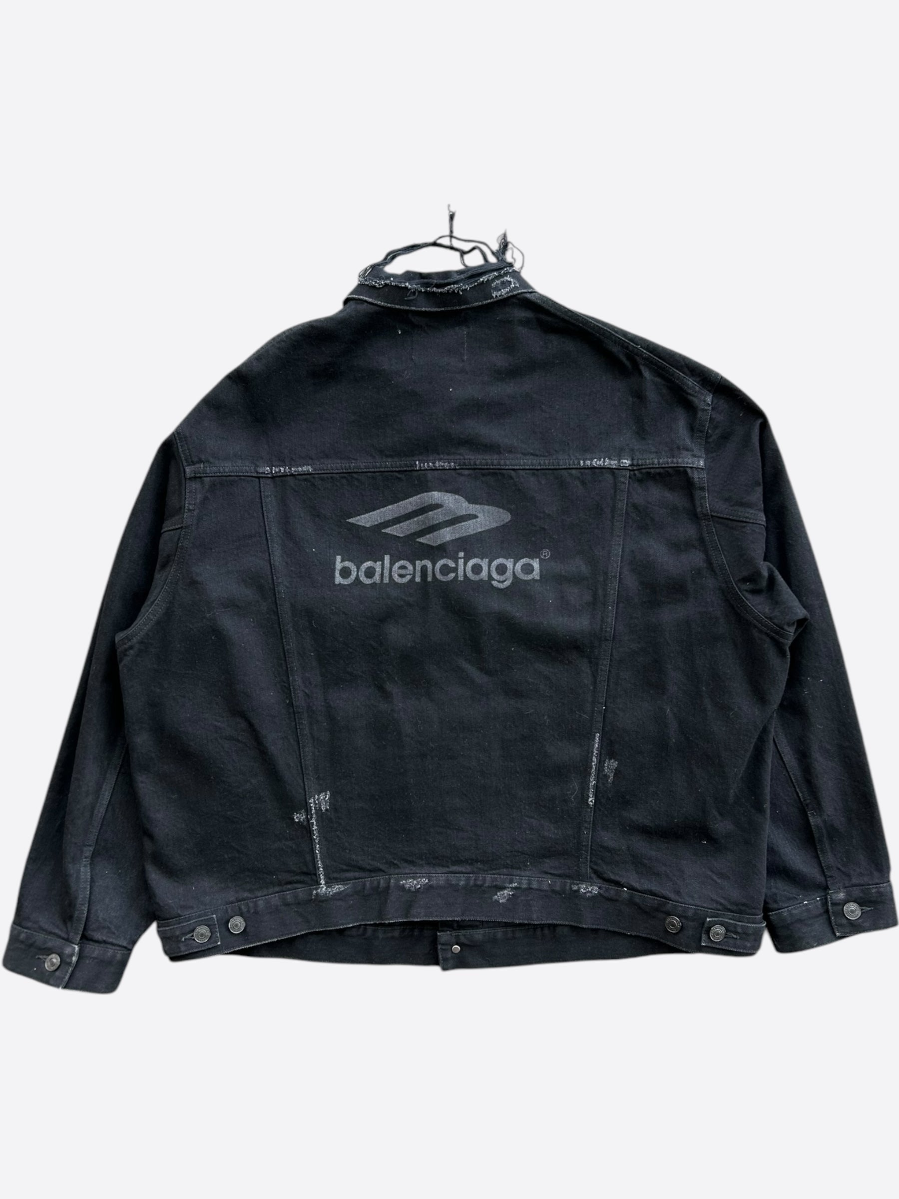 Balenciaga Black BB Logo Distressed Denim Jacket for Men & Women | Vintage Washed Denim Coat | Streetwear Fashion for Urban Outfits & Night Out Looks