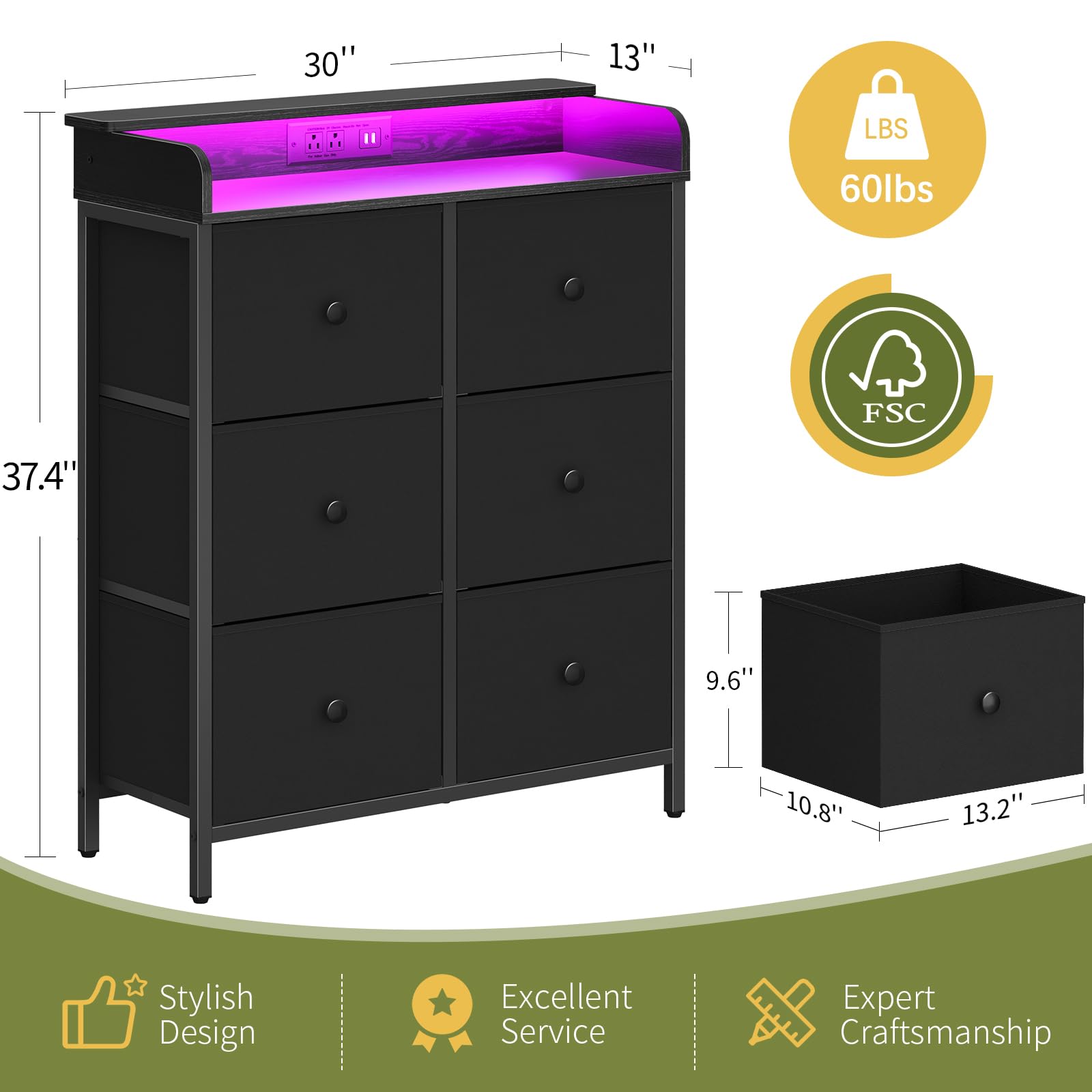 Yoobure 6-Drawer Dresser with LED Lights & USB Charging Station - Modern Fabric Storage Tower Organizer for Bedroom, Kids Room, Closet, Living Room & Hallway - Perfect for Home Organization & Nighttime Convenience