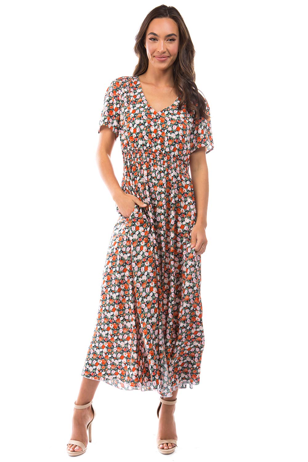 MIAMINE Women's Floral Print V-Neck Maxi Dress with Pockets & Side Slit - Casual & Party Wear for Spring Fall Seasons | Perfect for Weddings, Date Nights & Office Outfits