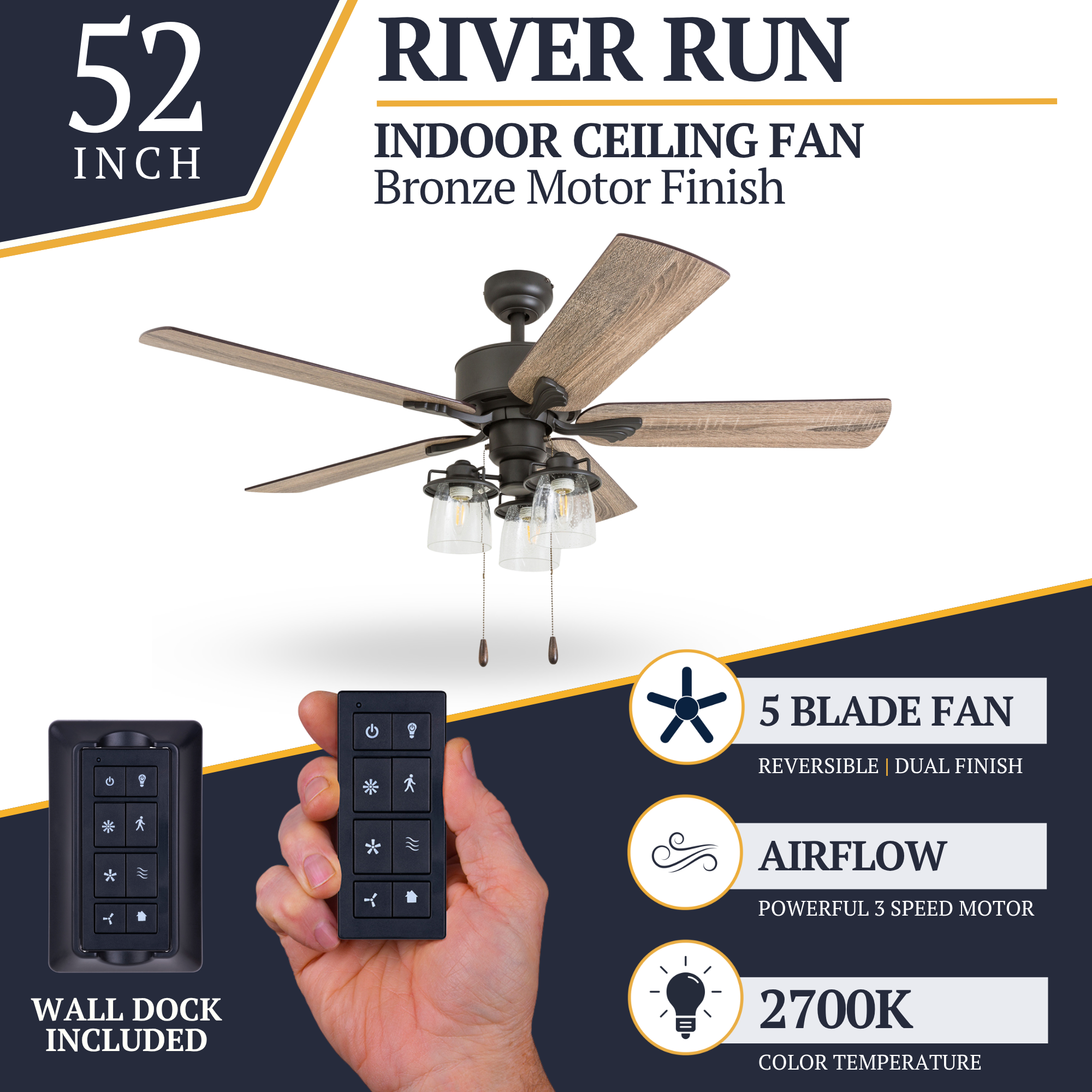 52 Inch Bronze River Run Ceiling Fan with Remote Control - Perfect for Living Rooms, Bedrooms, and Outdoor Spaces