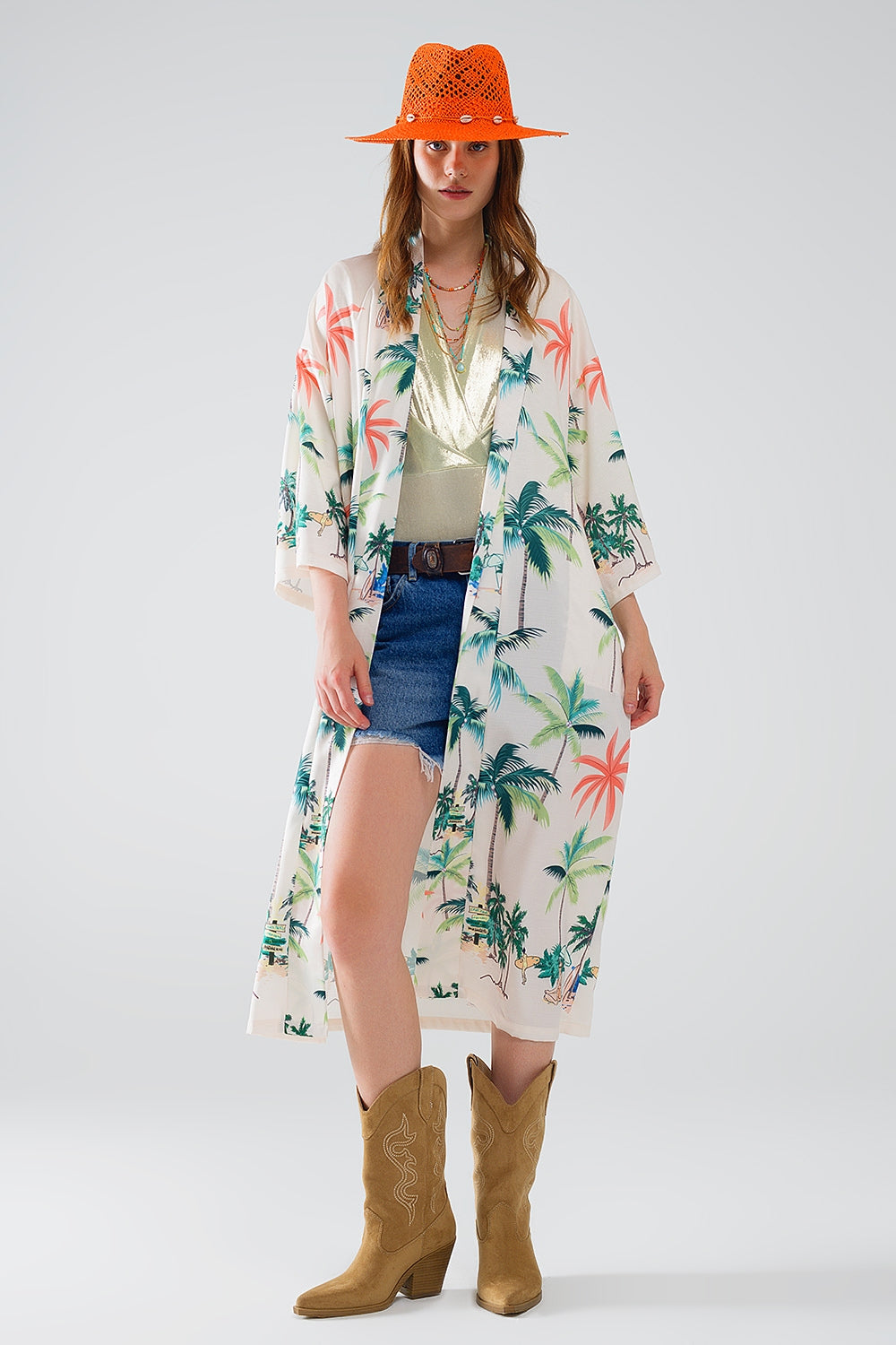 Cream Open Kimono with Beach Print - Mid-Length Boho Cover Up for Women | Perfect for Beach Vacations, Poolside Lounging & Summer Outfits