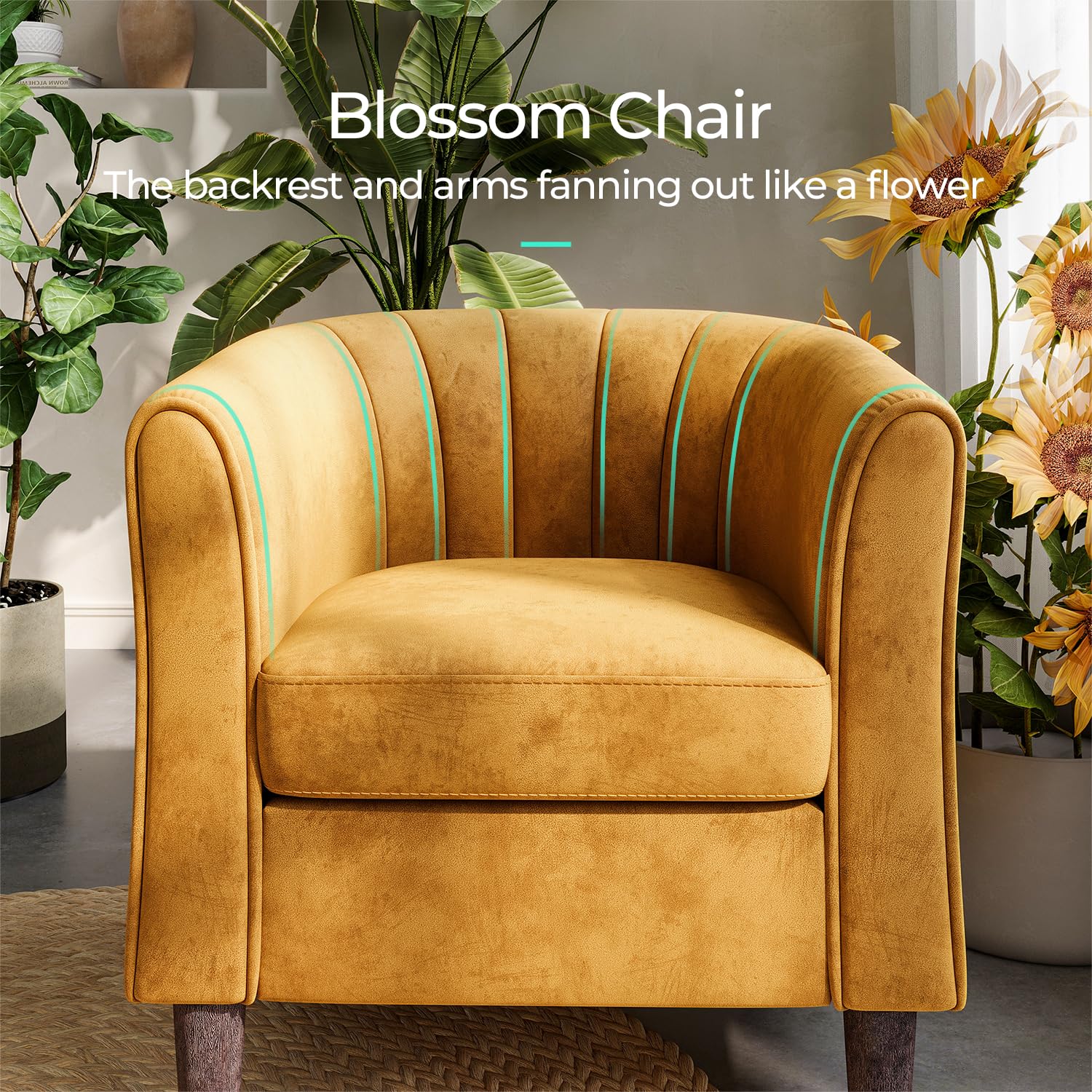 LINSY Modern Velvet Accent Chair with Ottoman - Barrel Style Comfy Armchair with Footrest for Living Room, Bedroom & Reading Room - Round Arms Lounge Chair in Yellow | Perfect for Relaxing, Reading & Home Decor