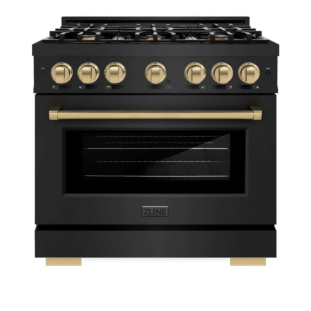 ZLINE Autograph Edition 36 Inch 5.2 Cu Ft Gas Range with 6 Burner Cooktop & Convection Oven - Black Stainless Steel with Champagne Bronze Accents (HGRBZ 36 CB) - Perfect for Professional Home Chefs & Modern Kitchens